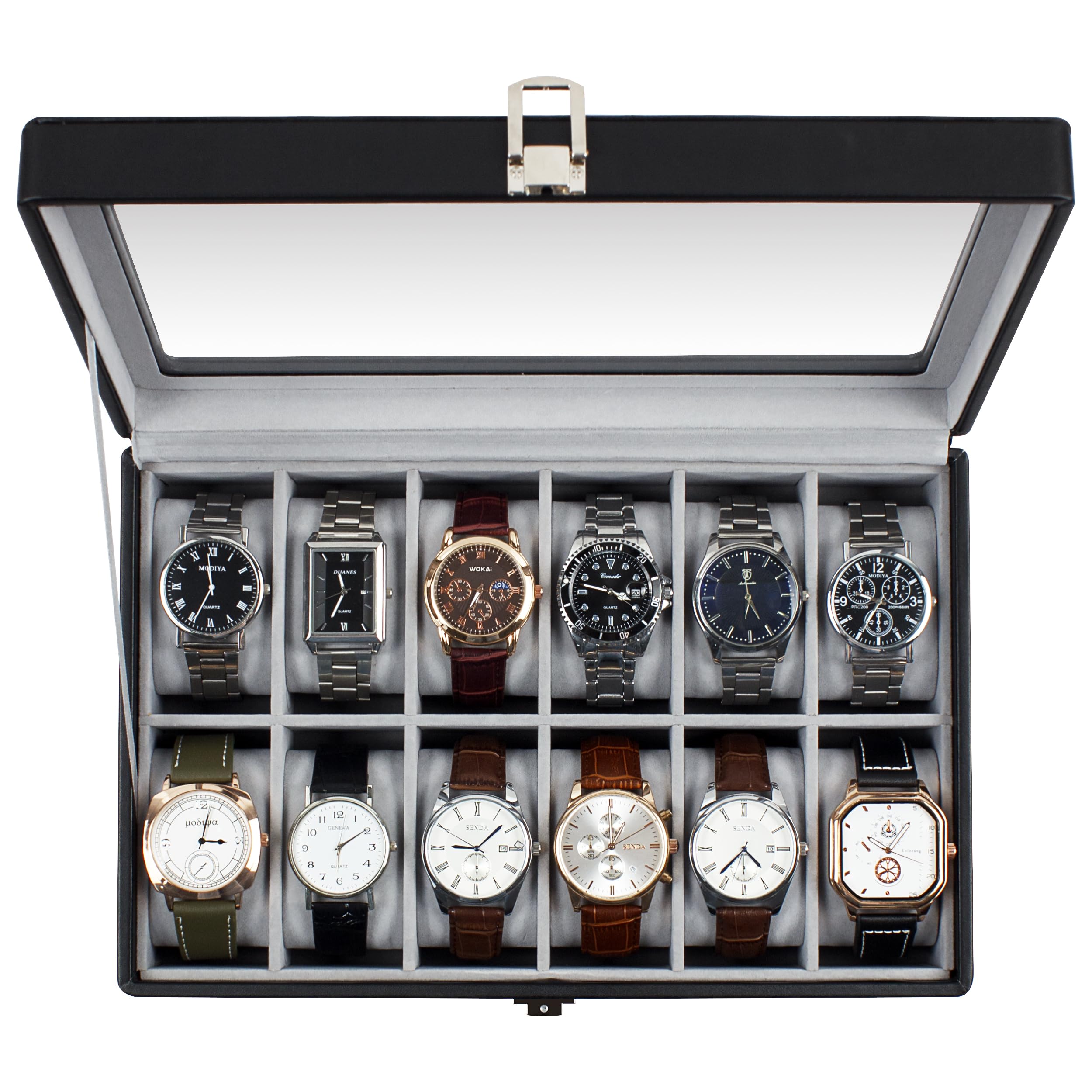 GUKA 12 Slot Watch Box with Large Real Glass Lid - Premium Black Synthetic Leather Watch Organizer with Removable Pillows | Perfect for Watch Collection Display, Storage & Travel