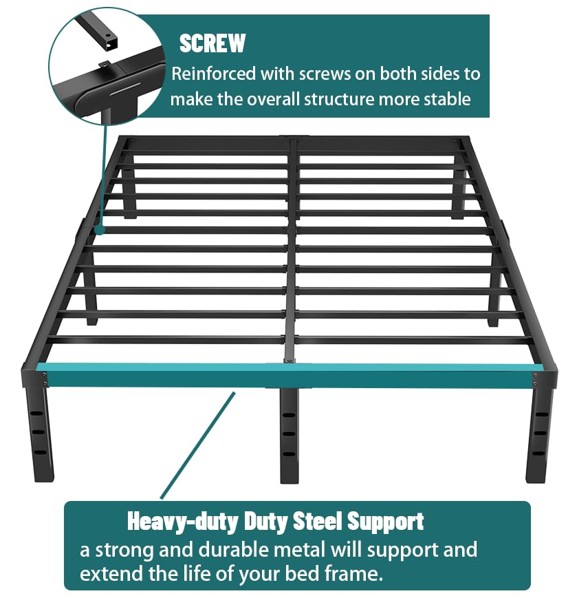 14 Inch Metal Platform Bed Frame Queen Size - Steel Slat Support, No Box Spring Needed - Easy Assembly with Storage Space - Black - Perfect for Modern Bedrooms & Guest Rooms