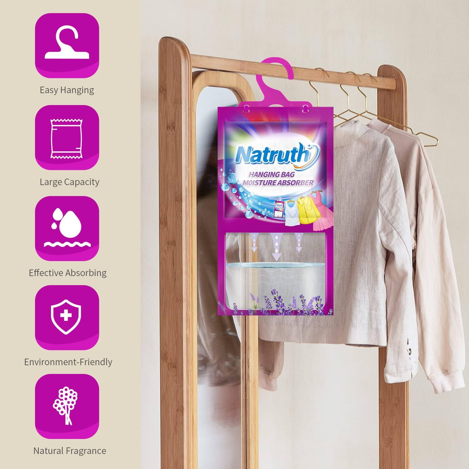 NATRUTH 8-Pack Lavender Moisture Absorber Bags - Dehumidifier & Odor Eliminator for Closet, Wardrobe, Kitchen & Bathroom | Hanging Desiccant Bags for Fresh & Dry Spaces | Perfect for Home, RV & Storage Areas