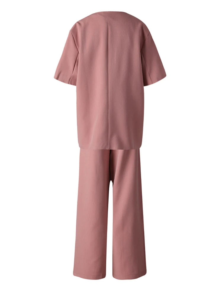 Women's Big Size Green Blazer & Wide Leg Pants Two-Piece Suit - V-Neck Short Sleeve Fashion Set for Spring Summer 2025 (CPG3079) | Office Wear, Business Casual, Wedding Guest Outfit