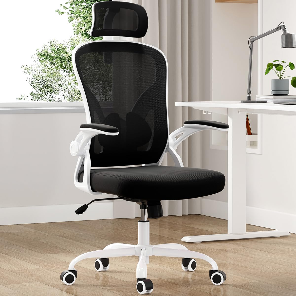 Farini Ergonomic Office Chair - Adjustable High Back Computer Desk Chair with Headrest, Lumbar Support & Flip-Up Armrests for Home Office, Study, Bedroom (White/Black) - Perfect for Long Work Hours, Gaming & Remote Work