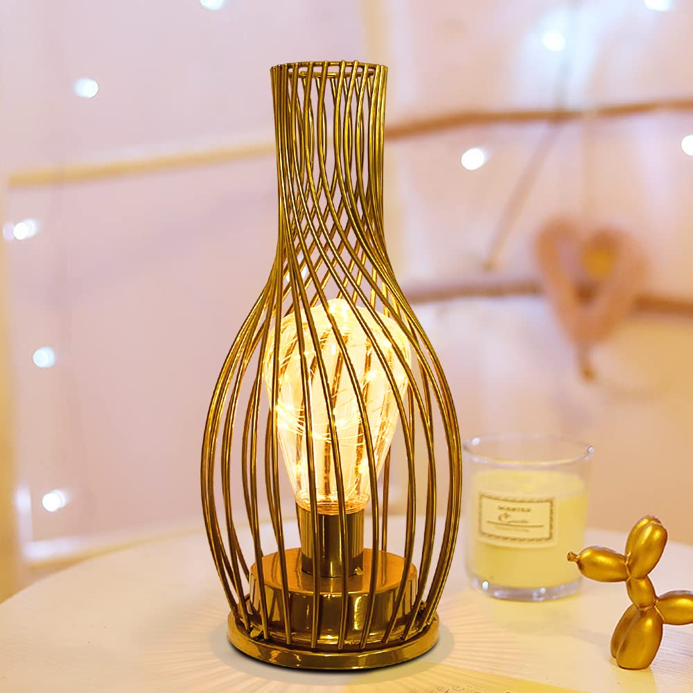 MUCHER Vintage Metal Cage Table Lamp with LED Fairy String Lights - Battery Operated Night Light for Bedroom, Wedding, Party, Patio - Indoor & Outdoor Decoration (Vase Shape) - Perfect for Romantic Ambiance, Home Decor & Special Events
