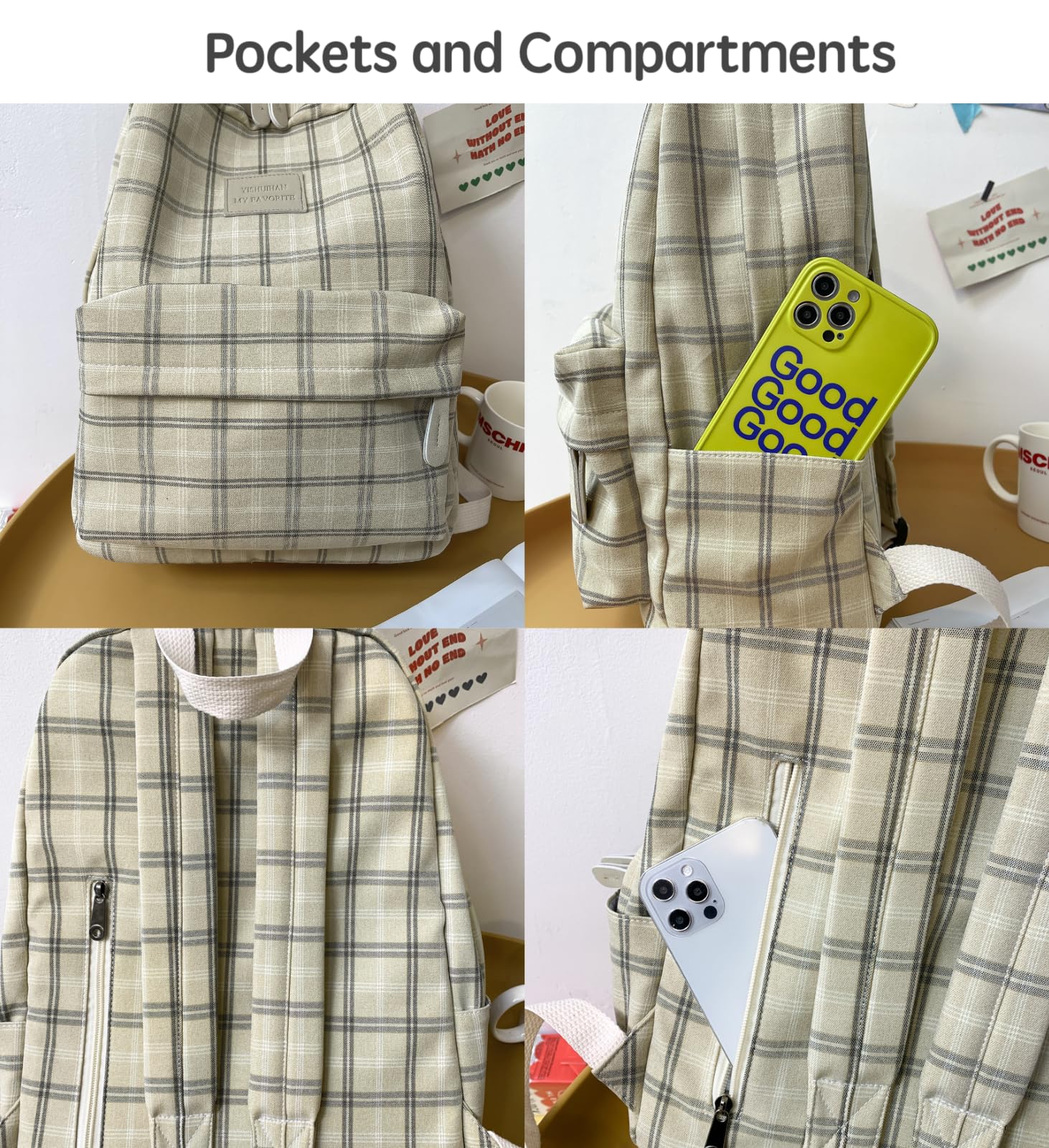 JHTPSLR Light Academia Aesthetic Backpack - Plaid Preppy School Bag for Teen Girls - Vintage Bookbag with Laptop Compartment - Perfect for College, High School & Travel (Light Grey)