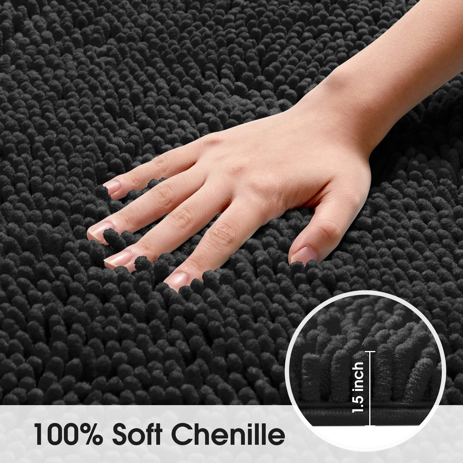 Ultra Soft & Absorbent Non-Slip Bathroom Rug Runner - 20x60 Inch Chenille Plush Shower Carpet for Bath Mats, Machine Washable, Black - Perfect for Bathroom Floor, Shower Entrance & Vanity Area