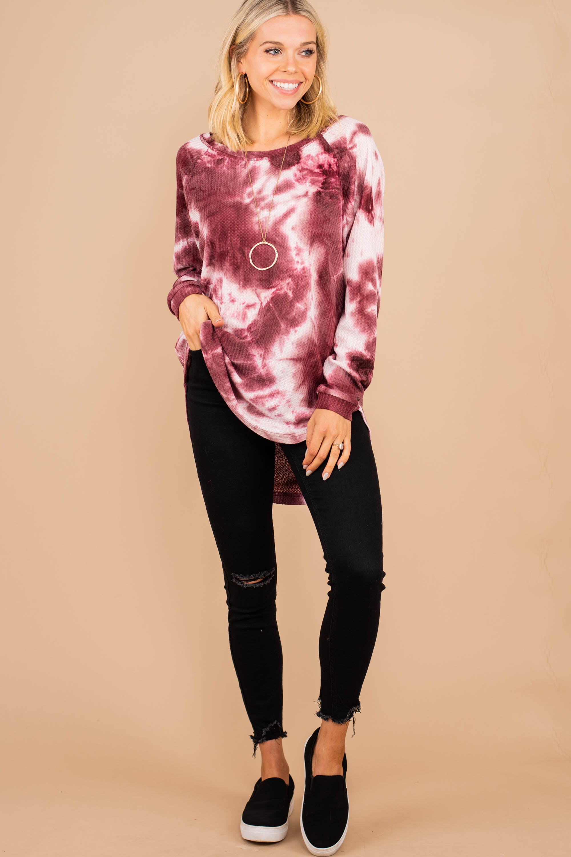 Easy Like Sunday Wine Red Tie Dye Tunic Top - Women's Boho Chic Flowy Blouse for Casual Wear, Beach Outfits & Summer Fashion