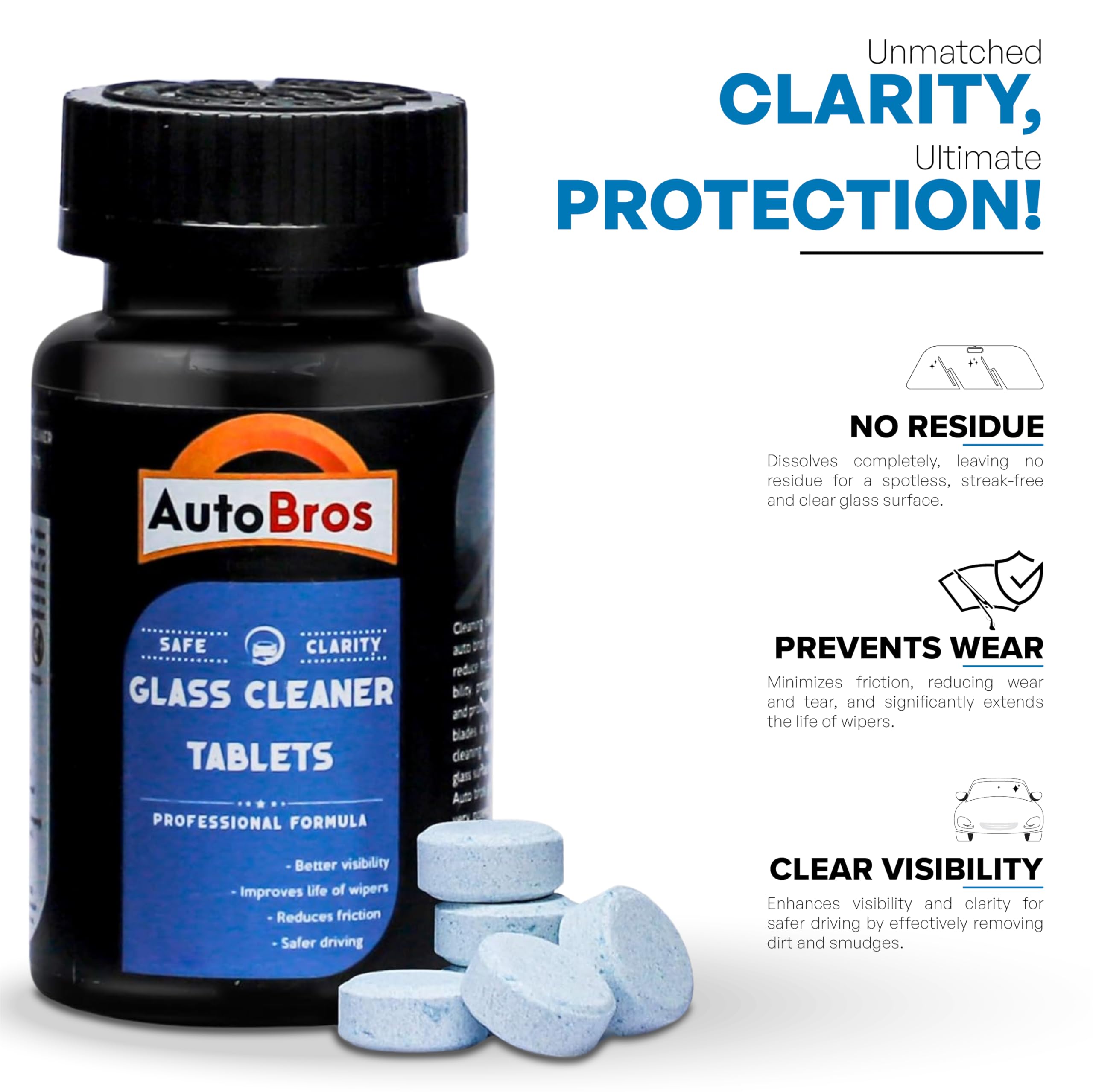 AutoBros Windshield Cleaner Tablets - 40 Pcs | Concentrated Car Wiper Cleaning Tablets for Streak-Free Shine | Removes Dirt, Oil & Bug Stains | Fast-Dissolving Glass Cleaner | Perfect for Road Trips & Daily Car Maintenance