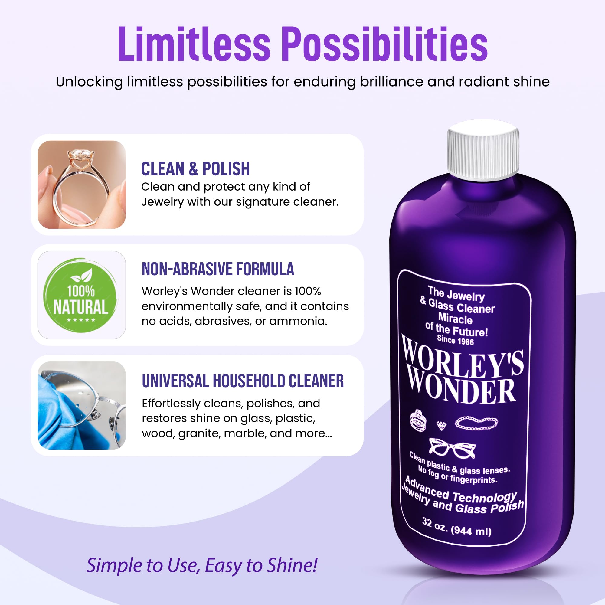 Worley's Wonder Jewelry & Glass Cleaner Spray - Safe for Gold, Silver, Diamonds, Gemstones, Glass, Marble & Electronics | 32oz Refill Bottle (Pack of 2) | Perfect for Cleaning Rings, Necklaces, Watches, Eyeglasses & Smartphone Screens