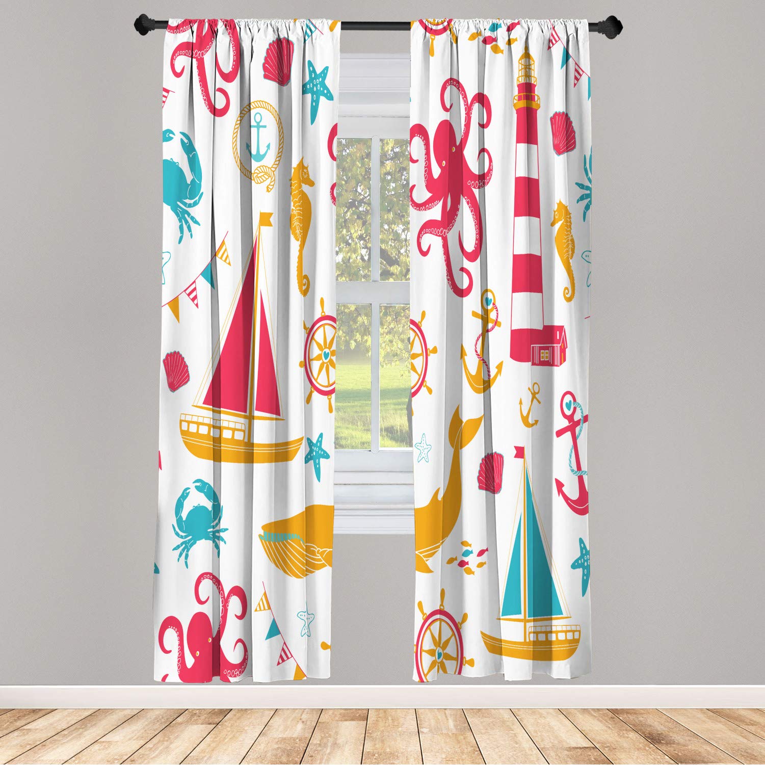 Ambesonne Nautical Window Curtains - Pastel Lighthouse Sailboat Fish Shells Octopus Design, Lightweight Decorative 2-Panel Set with Rod Pocket, 28