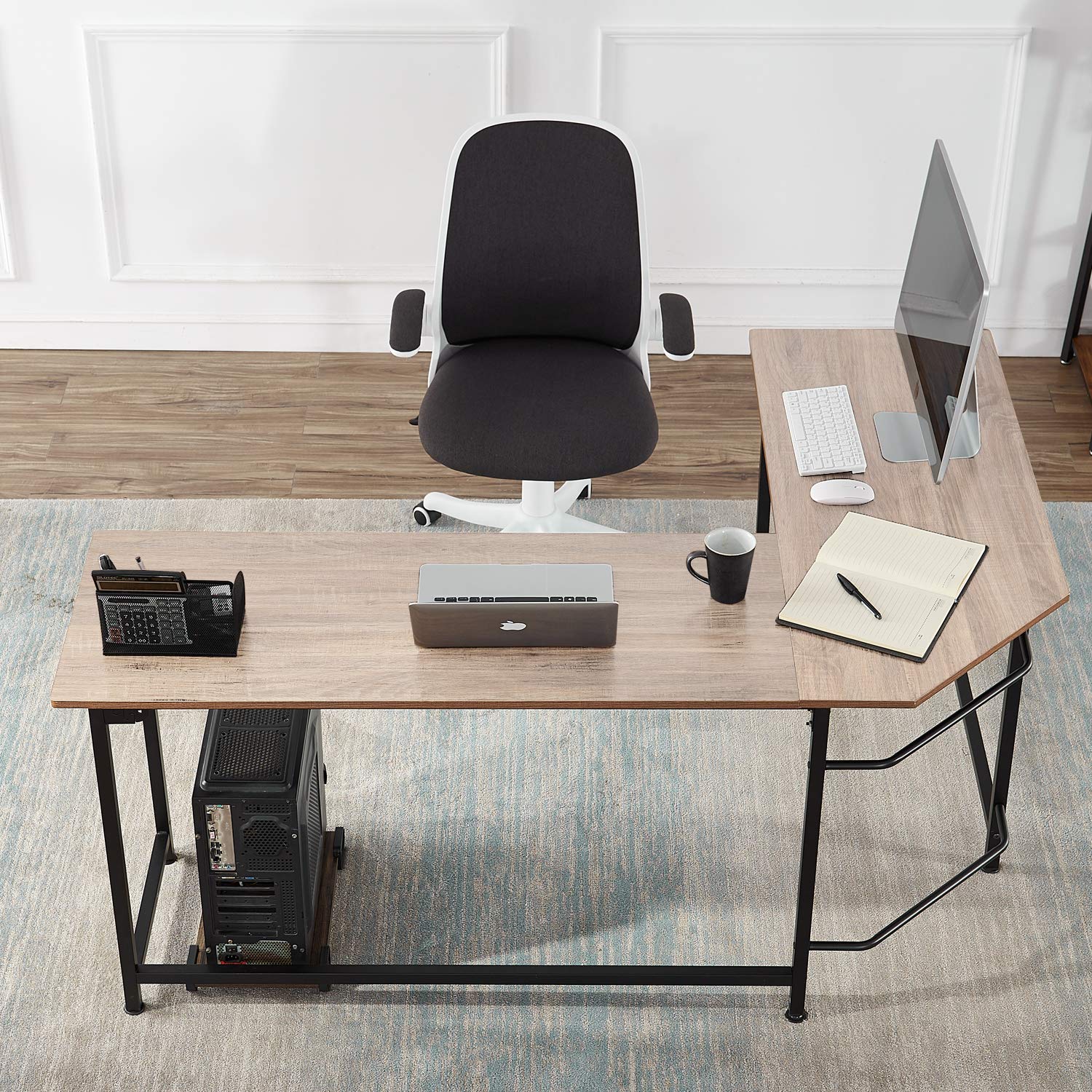 VECELO Modern L-Shaped Corner Computer Desk with CPU Stand - Home Office Workstation for PC & Laptop, Study Writing Table - Metal Frame with Rubber Wood Top & Black Legs - Perfect for Small Spaces & Gaming Setups