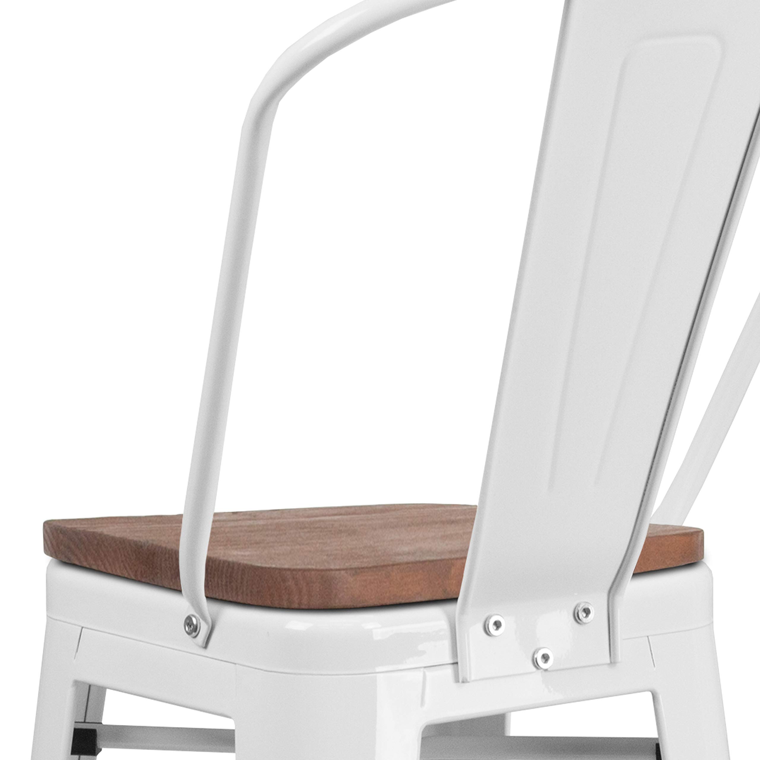 EMMA + OLIVER 30 Inch White Metal Bar Stool with Backrest and Wooden Seat - Perfect for Kitchen Islands, Breakfast Bars, and Home Decor