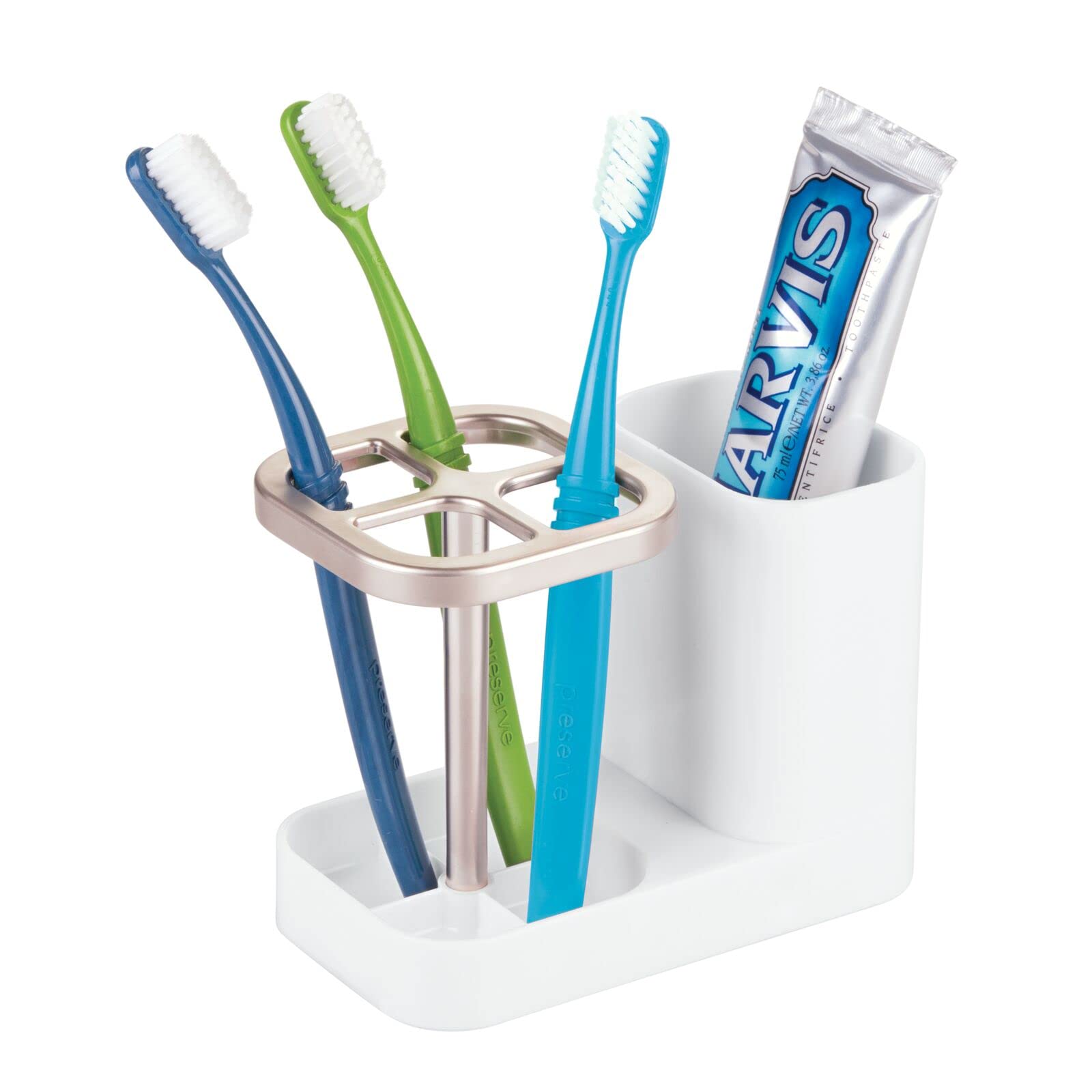 mDesign Plastic Toothbrush Holder Organizer with Cup - Bathroom Countertop Storage for Brushes, Toothpaste & Dental Accessories (White/Satin) - Perfect for Vanity, Sink & Small Space Organization