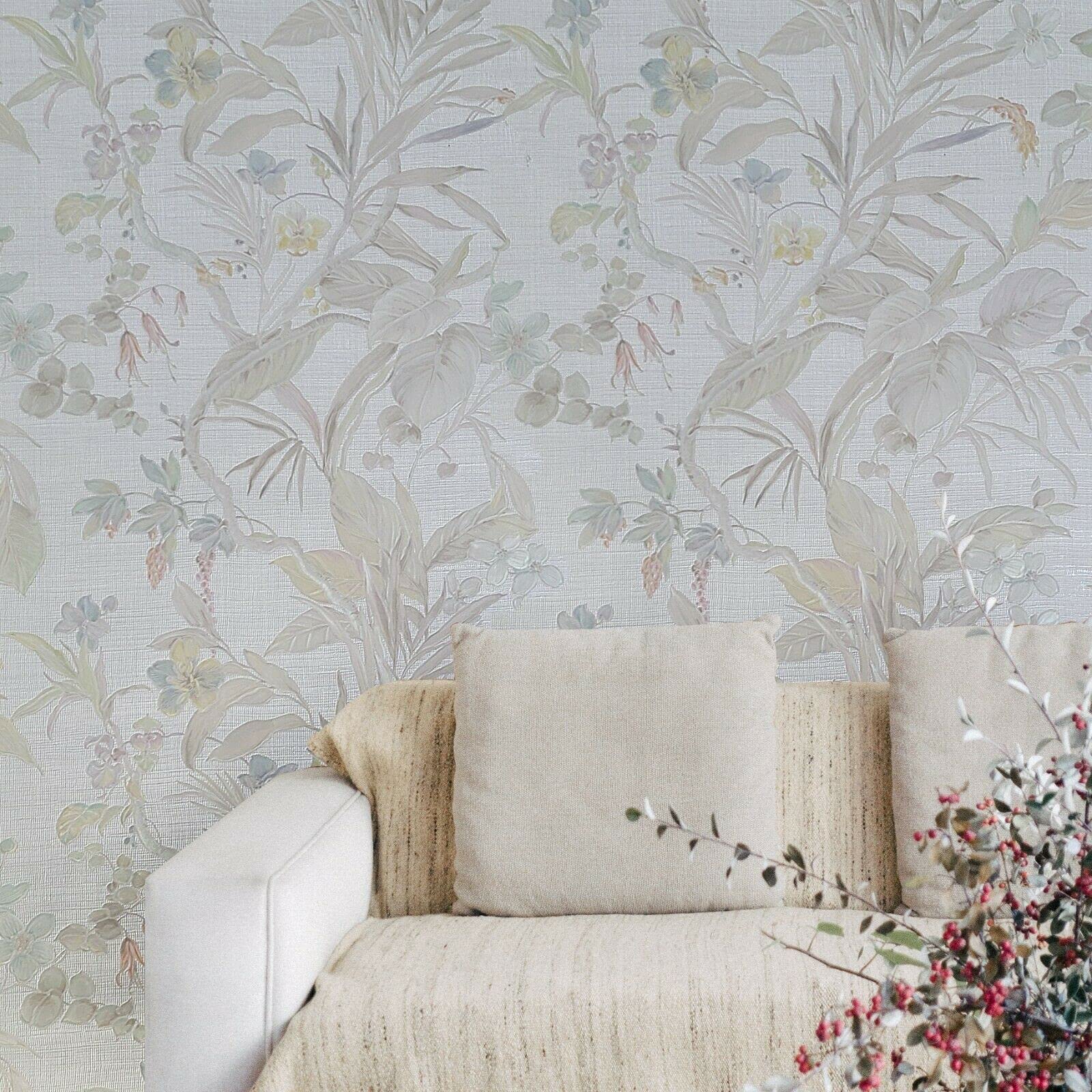 Luxury Modern Floral 3D Textured Wallpaper - Neutral Beige Tan Cream Green Faux Fabric Vinyl Covering Roll (2.3x33 ft, 76 sq.ft) - Perfect for Living Room, Bedroom & Home Office Decoration