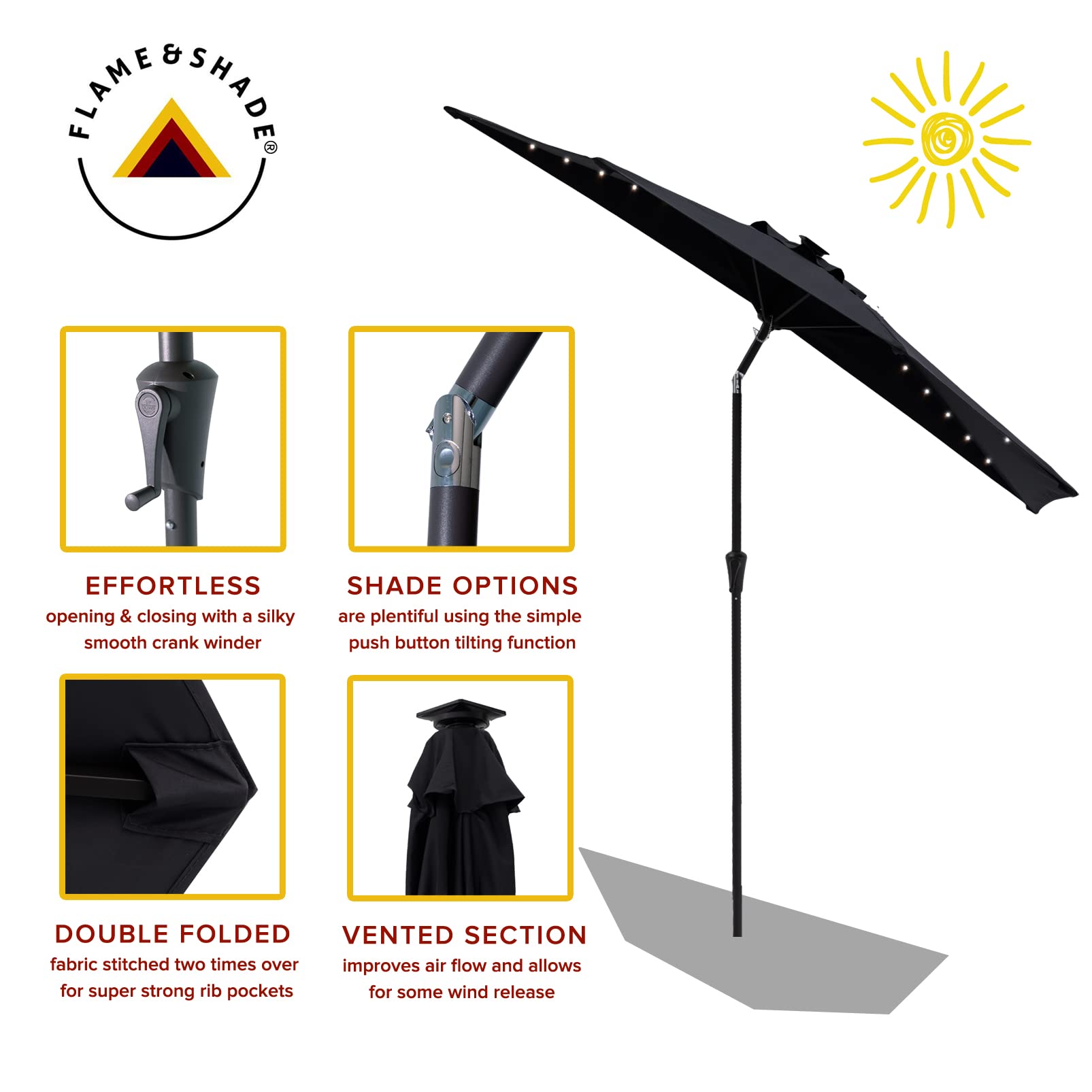 FLAME&SHADE 9ft Solar Powered Half Round Patio Umbrella with LED Lights & Tilt - Waterproof Outdoor Market Umbrella for Wall, Balcony, Garden, Deck (Black) | Perfect for Backyard, Poolside & Outdoor Dining
