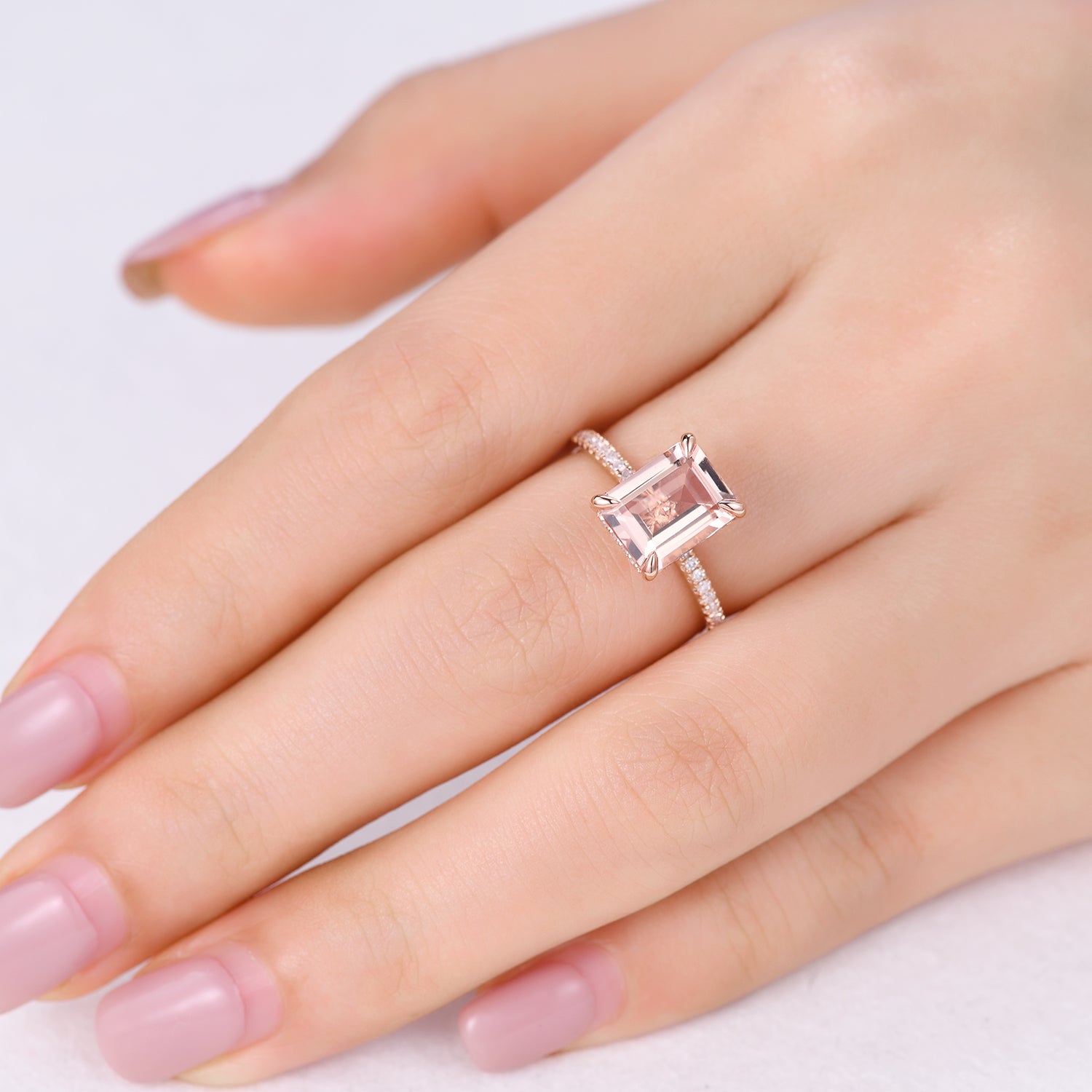 6x8mm Emerald Cut Morganite Engagement Ring with Hidden Halo & Diamond Accents in Rose Gold - Perfect for Proposals, Anniversaries & Romantic Occasions