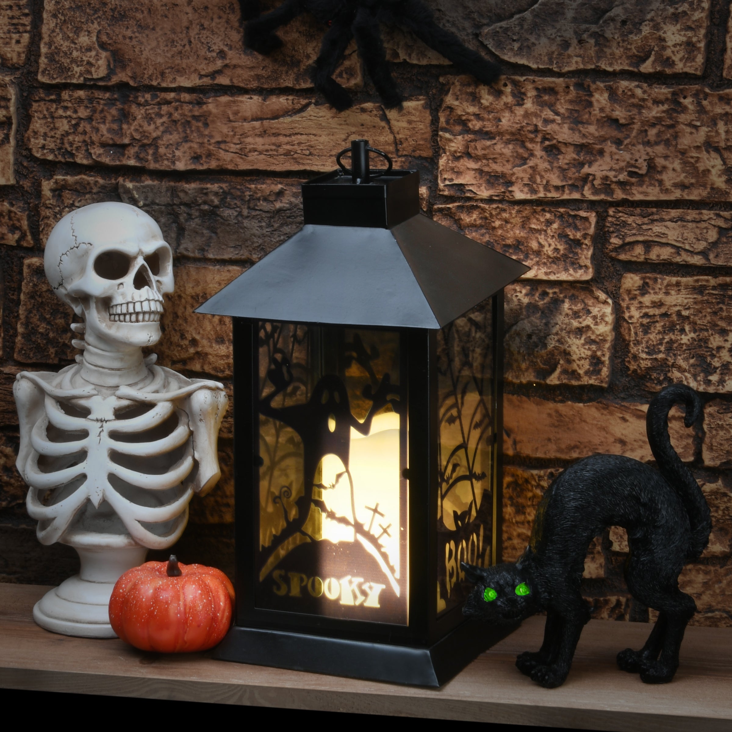 16 Inch Halloween LED Lantern with Carved Ghost and Cobweb Designs - Spooky Decor for Parties, Porch & Indoor Halloween Decorations
