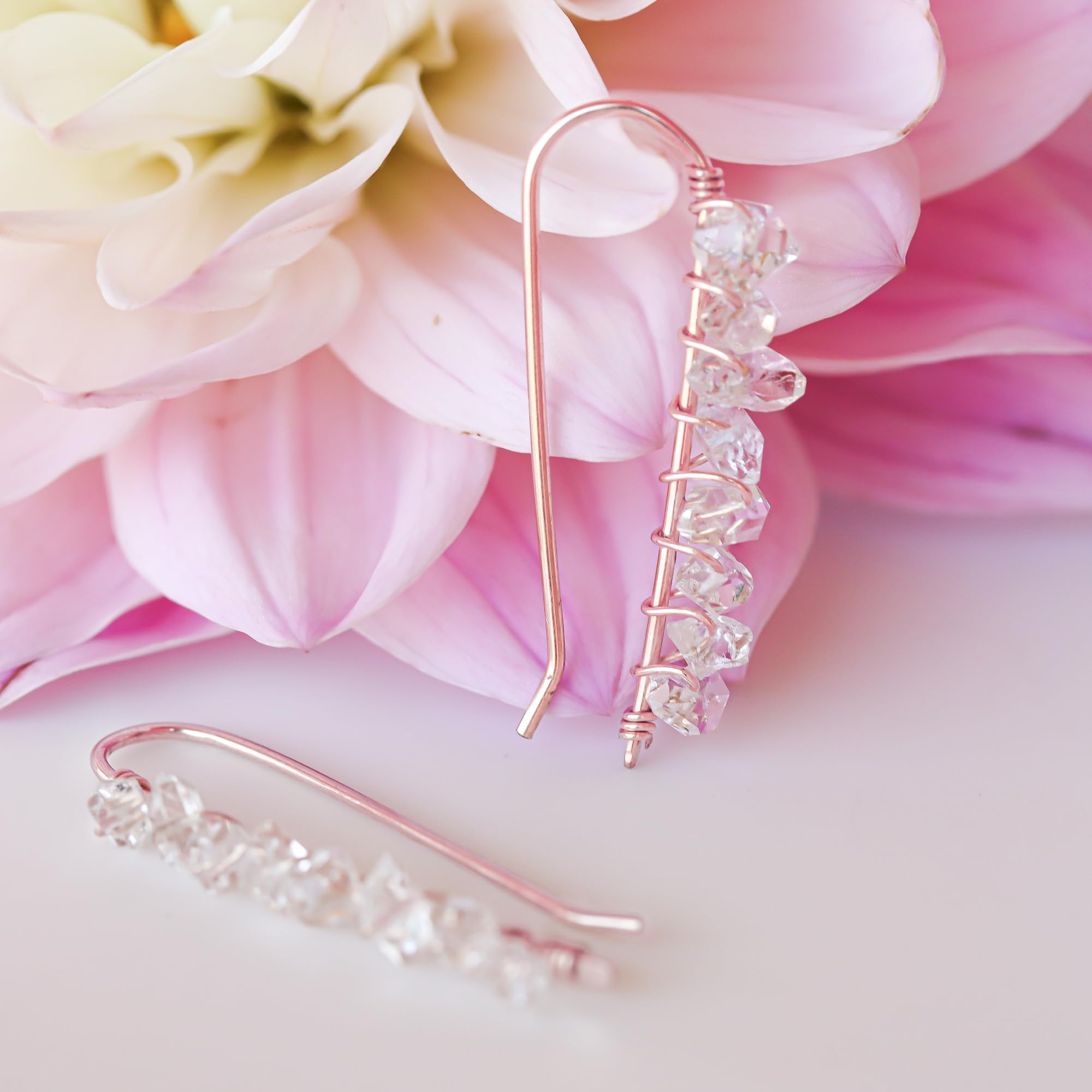 14K Rose Gold Filled Herkimer Diamond Ear Climbers - Handmade Dainty Earrings for Women | Lotus Stone Jewelry | Perfect for Date Night, Parties & Special Occasions