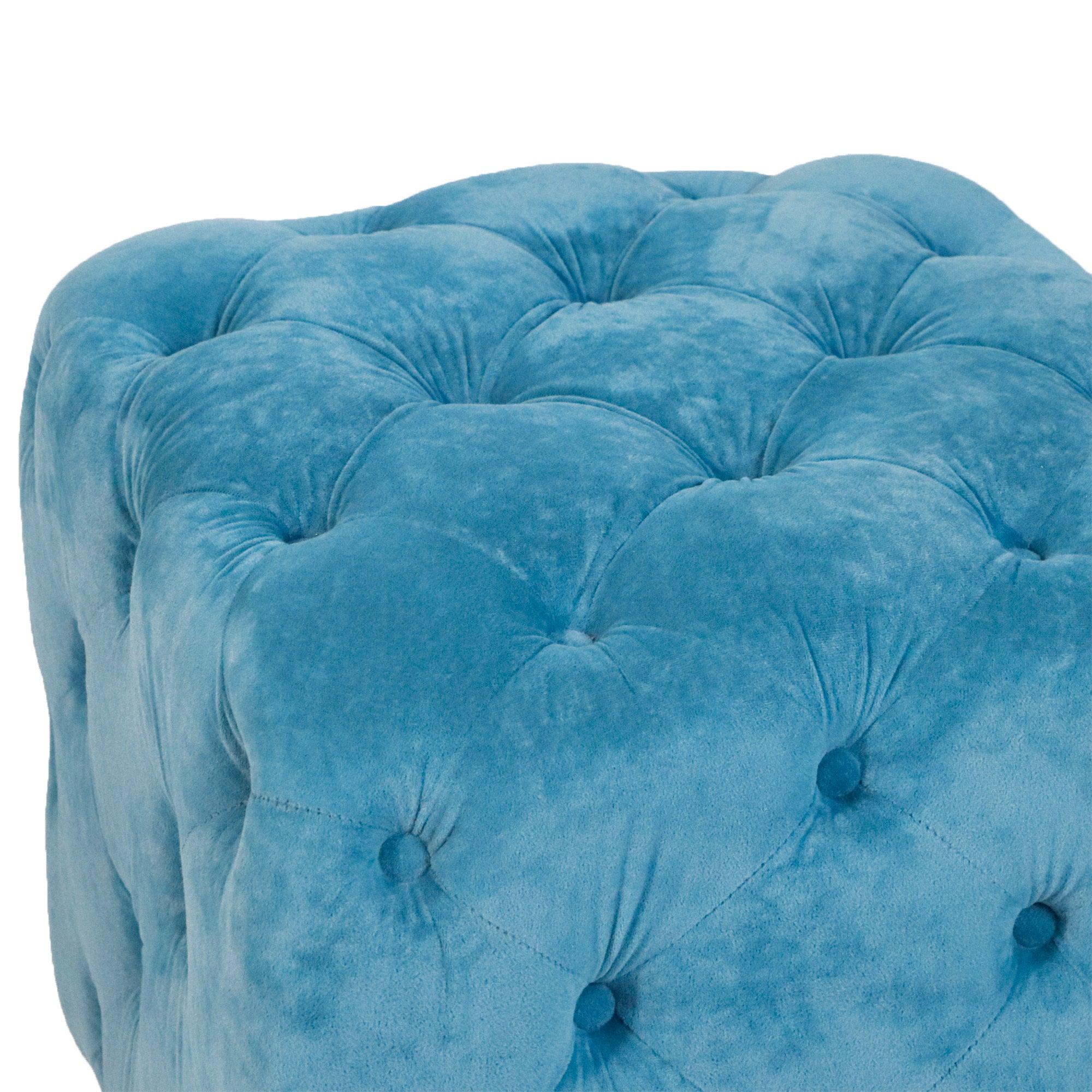 Blue Modern Velvet Upholstered Ottoman - Small End Table & Soft Foot Stool | Dressing Makeup Chair with Comfortable Seat for Living Room, Bedroom & Entryway | Perfect for Lounging, Storage & Home Decor