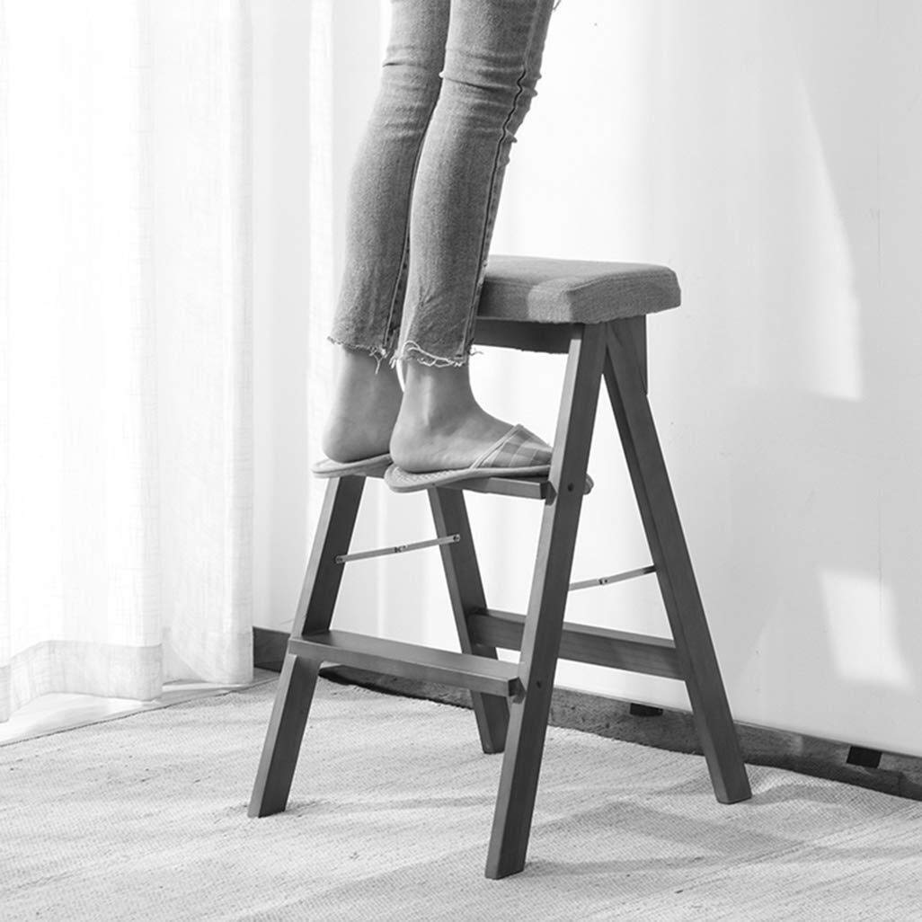 KAZUP 3-Step Foldable Wooden Step Stool with Striped Sponge Seat - Indoor Climbing Stool, Ladder Chair for Kitchen, Dining Room, and Home Use - Perfect for Reaching High Shelves and Storage Spaces