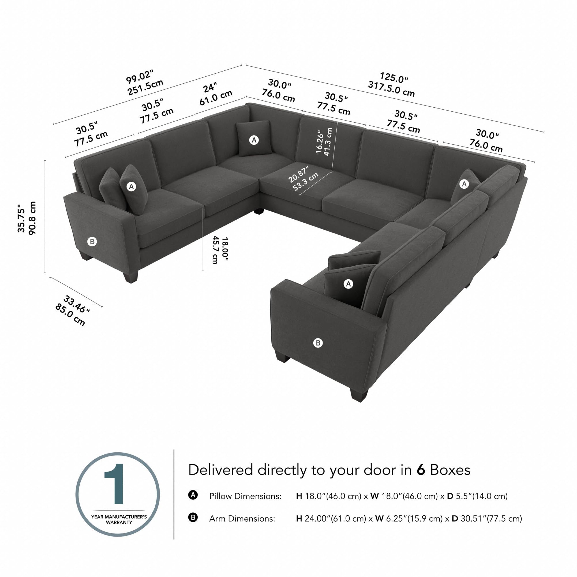 Bush Furniture 125 Inch U-Shaped Sectional Sofa - Modern Living Room Couch with Pet-Friendly Fabric, Stockton Collection, Charcoal Gray Herringbone - Perfect for Family Gatherings & Home Theater Setup