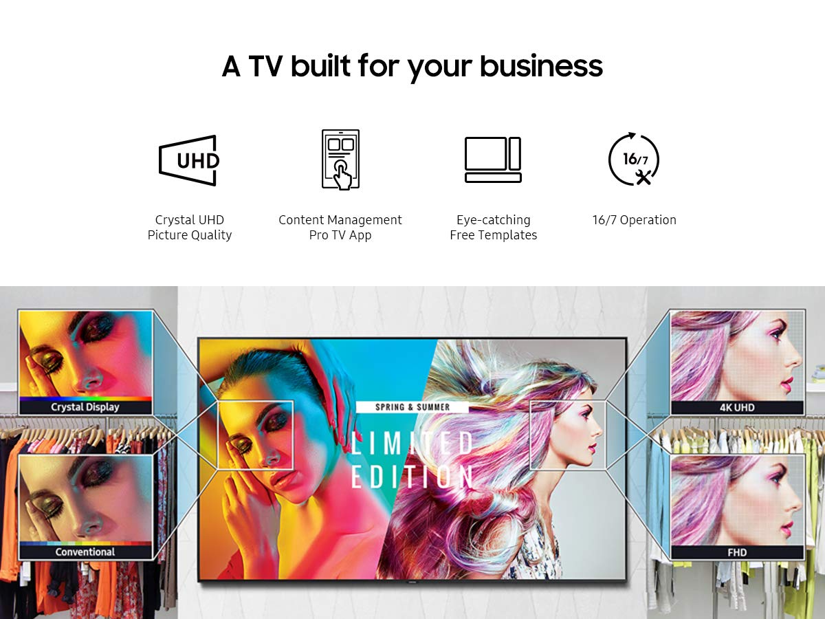 Samsung BE43T-H 43-Inch 4K UHD Commercial TV with HDMI, USB, Tuner & Built-in Speakers | 250 Nits | Easy Digital Signage Software | Perfect for Restaurants, Retail Stores & Office Displays