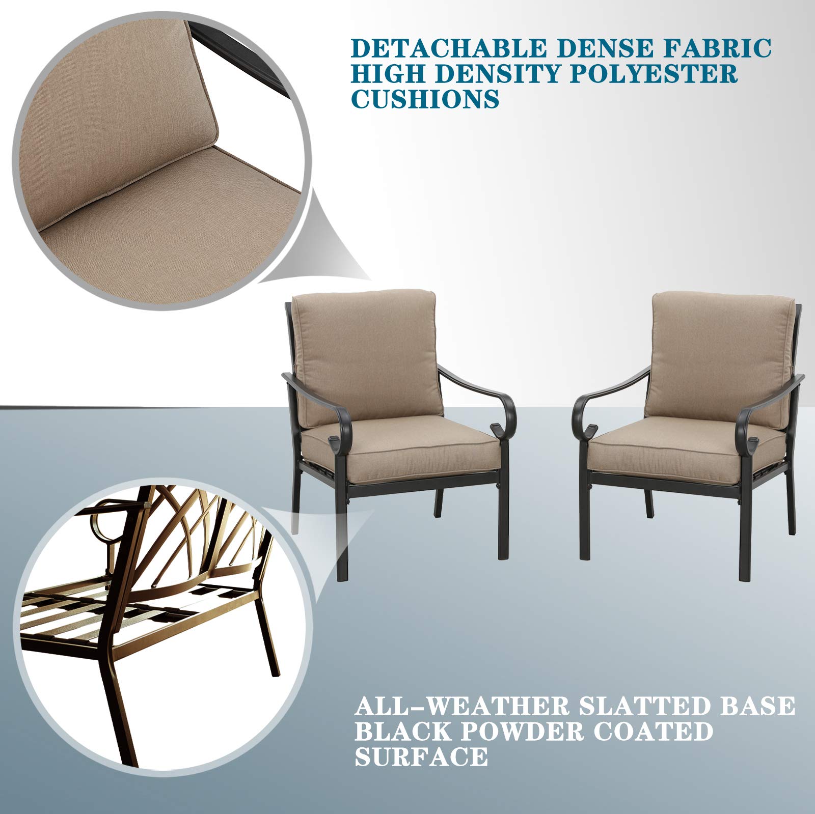2-Piece Patio Dining Chairs Set - All-Weather Metal Bistro Armchairs with Cushions for Outdoor Porch, Deck, Garden & Backyard - Khaki - Perfect for Relaxing, Entertaining & Dining Al Fresco