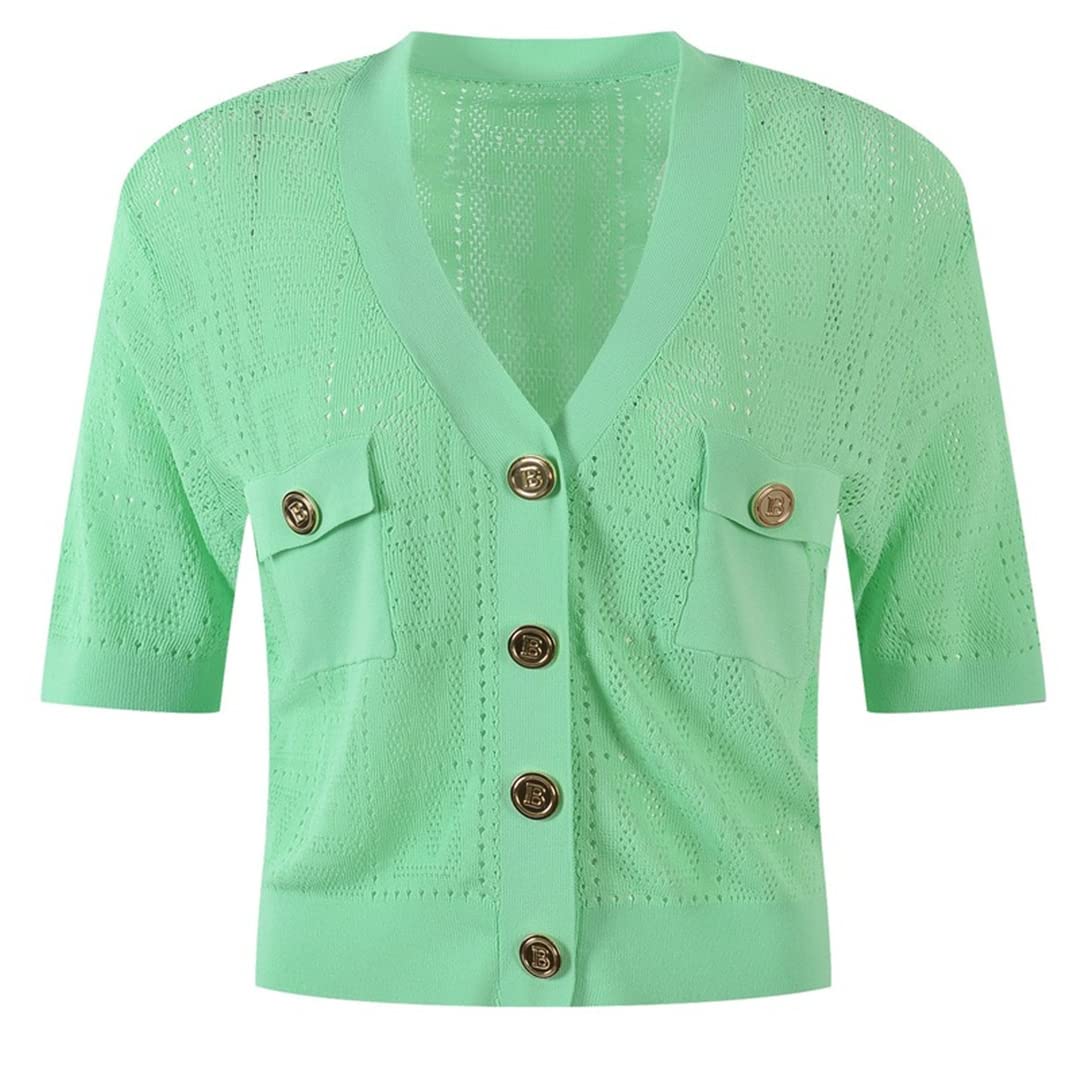 2022 Women's Casual V-Neck Short Sleeve Knitted Sweater Top - Korean Streetwear Style in Green | Perfect for Spring Outfits, Date Nights & Street Fashion