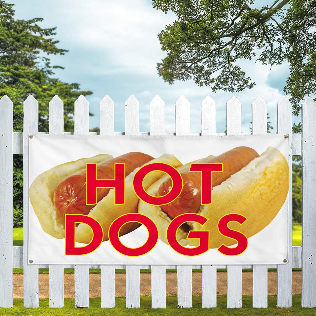 Custom 48x96 Inch Weatherproof Vinyl Banner for Hot Dogs - Heavy Duty Outdoor Advertising Sign with 8 Grommets - Ideal for Restaurants, Food Trucks & Yard Sales - All-Weather Durable Printing - Perfect for Outdoor Events, Street Vendors & Promotional Displays