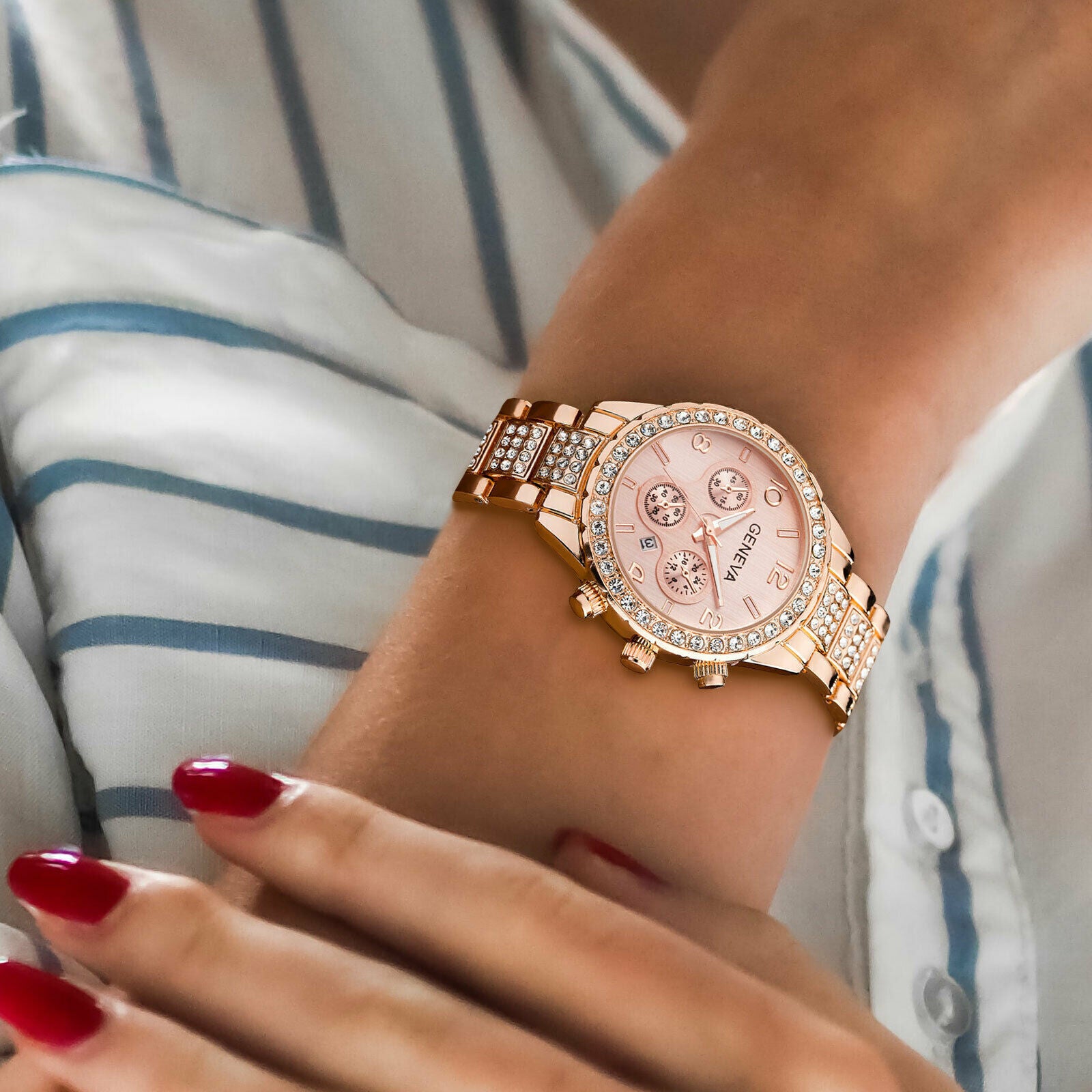 Luxury Waterproof Women's Stainless Steel Crystal Quartz Round Wrist Watch - Elegant Timepiece for Business, Party & Everyday Wear
