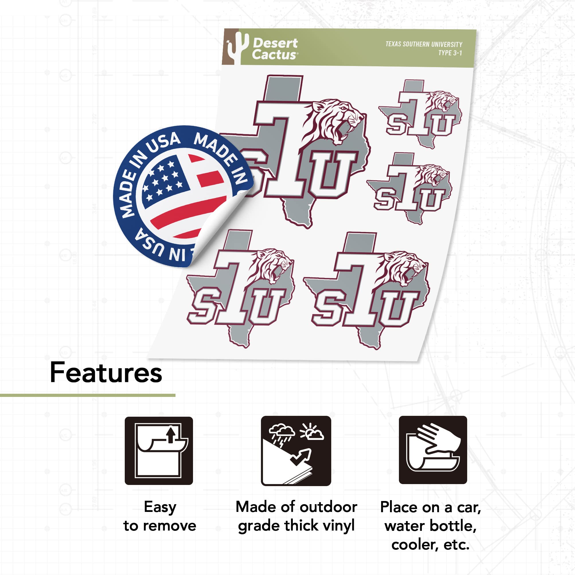 Texas Southern University TSU Tigers Vinyl Decals - Desert Cactus Sticker for Laptop, Water Bottle, Car & Scrapbook | Durable Waterproof Decals for School Spirit & Fan Gifts | College Pride Accessories for Students & Alumni