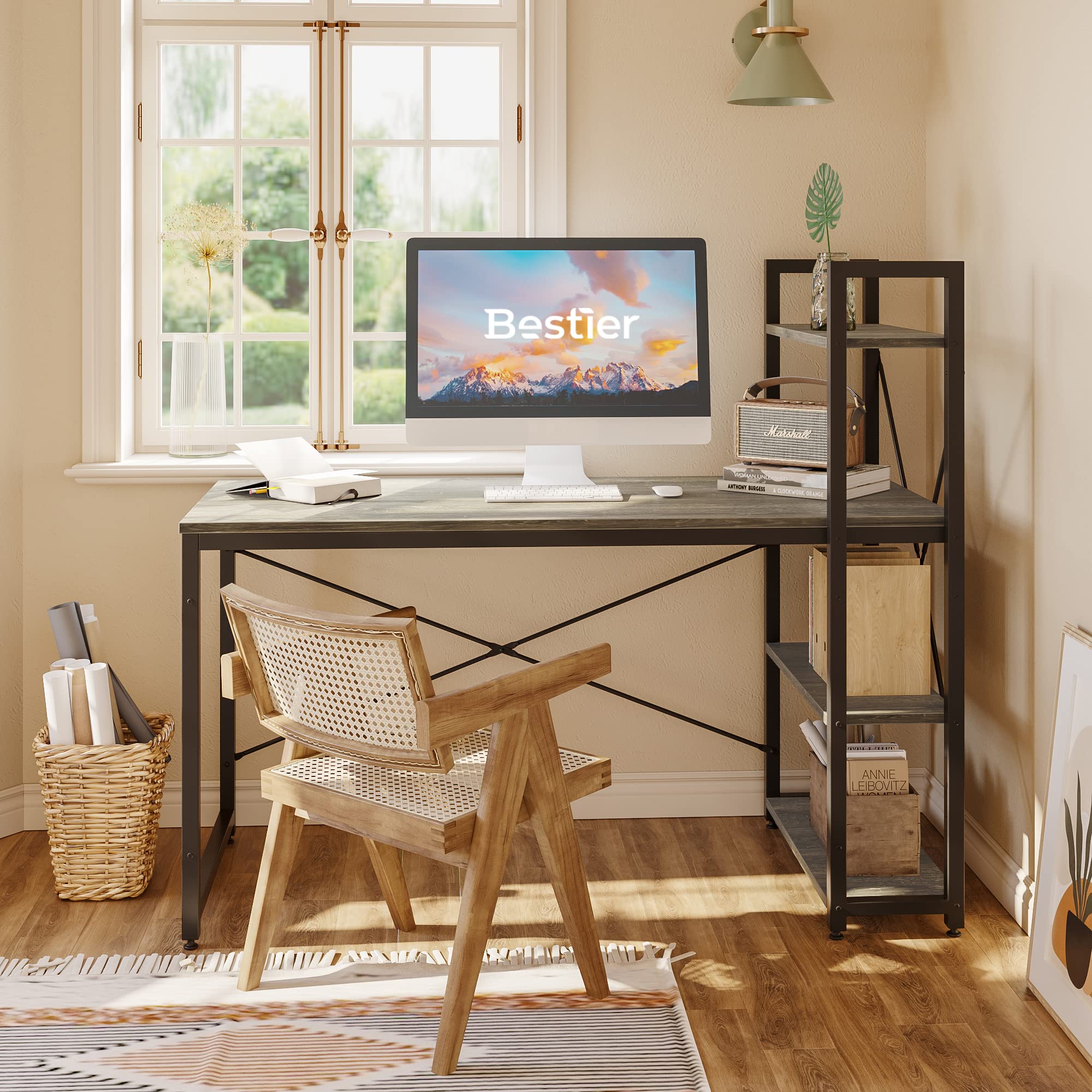 Bestier 55 Inch Computer Desk with Storage Shelves - Reversible Bookshelf Home Office Desk, Spacious Leg Room & Easy Assembly, Grey - Perfect for Small Spaces, Gaming & Remote Work Setup