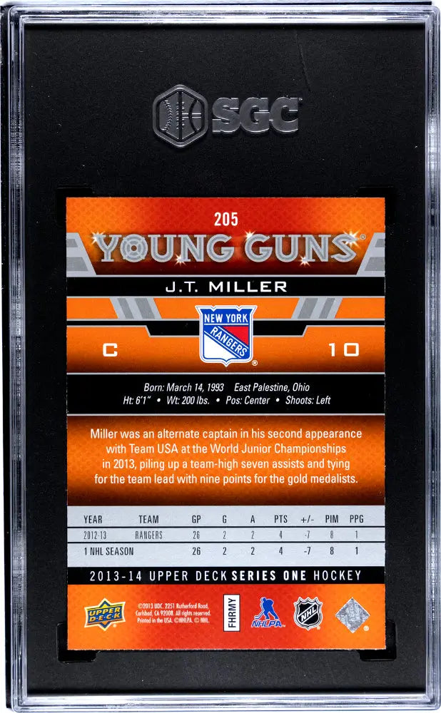 2013-14 Upper Deck Series 1 Hockey JT Miller Young Guns Rookie Card SGC 9 Mint - Perfect for Collectors, Investment & Hockey Memorabilia Displays
