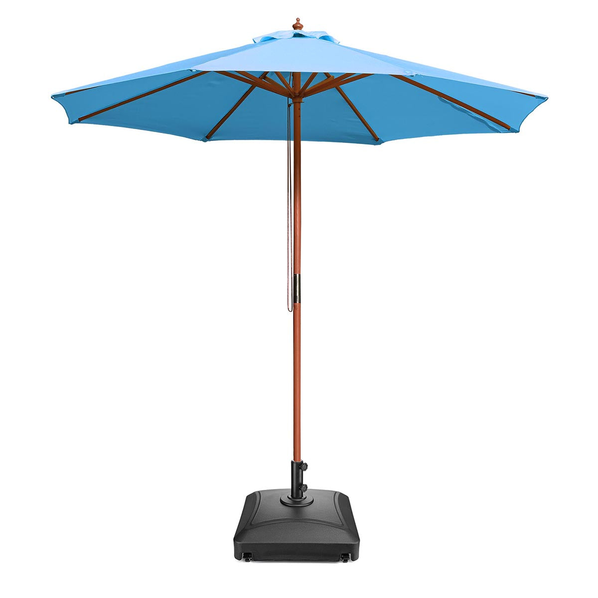 9ft 8 Rib Wood Patio Umbrella with Heavy Duty Stand - Outdoor Market Umbrella for Poolside, Garden, Deck & Backyard
