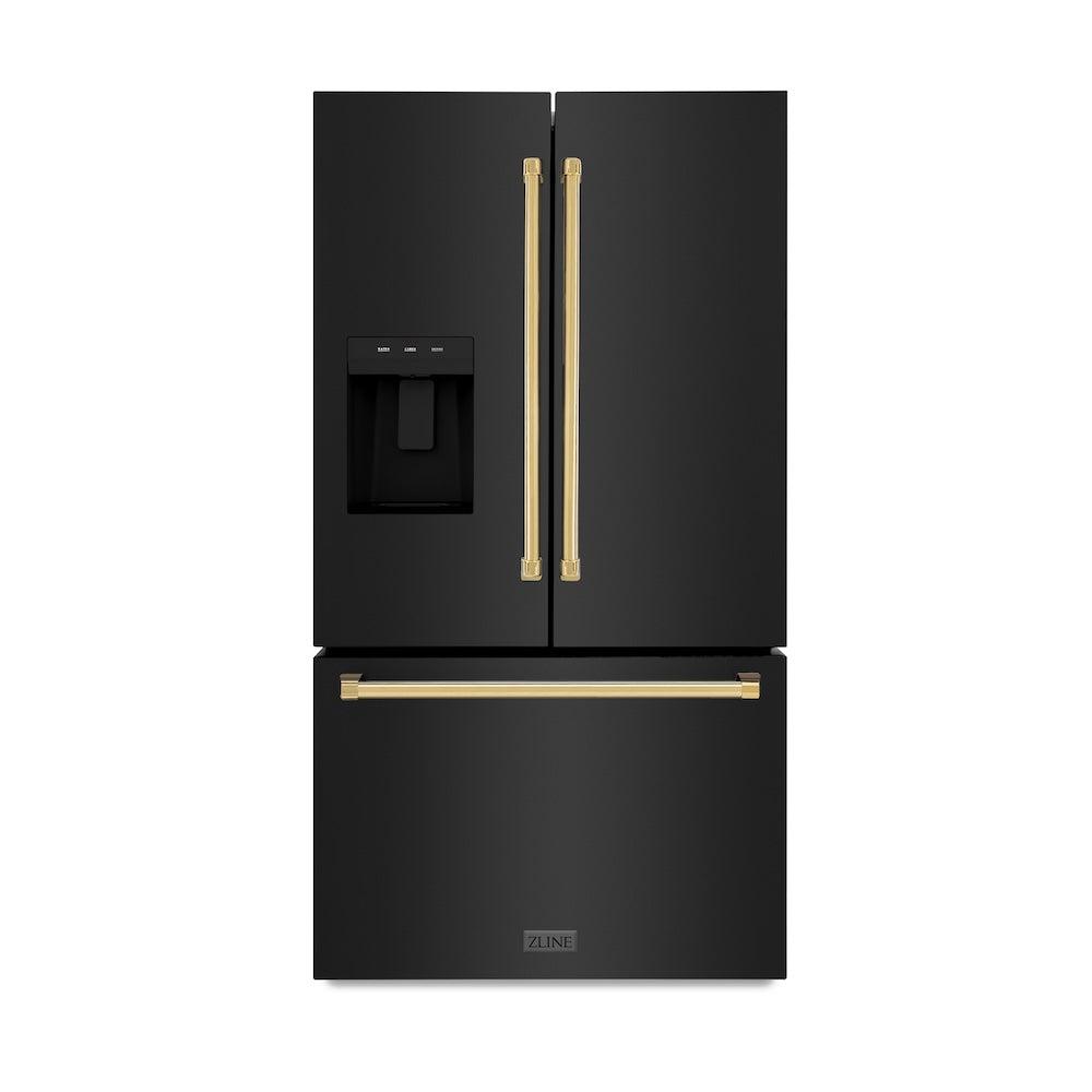 ZLINE Autograph Edition 36 Inch French Door Refrigerator - 28.9 cu ft Capacity, External Water Dispenser, Dual Ice Maker, Fingerprint Resistant Black Stainless Steel with Polished Gold Handles (RSMZ W 36 BS G) - Perfect for Modern Kitchens, Entertaining & Large Family Storage
