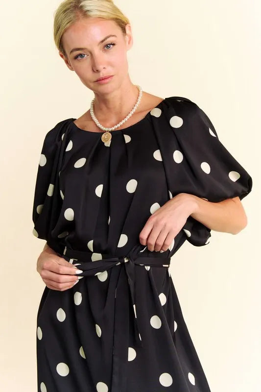 Stylish Polka Dot Puff Sleeve Midi Dress with Waist Tie - Perfect for Summer Parties, Weddings & Casual Outings