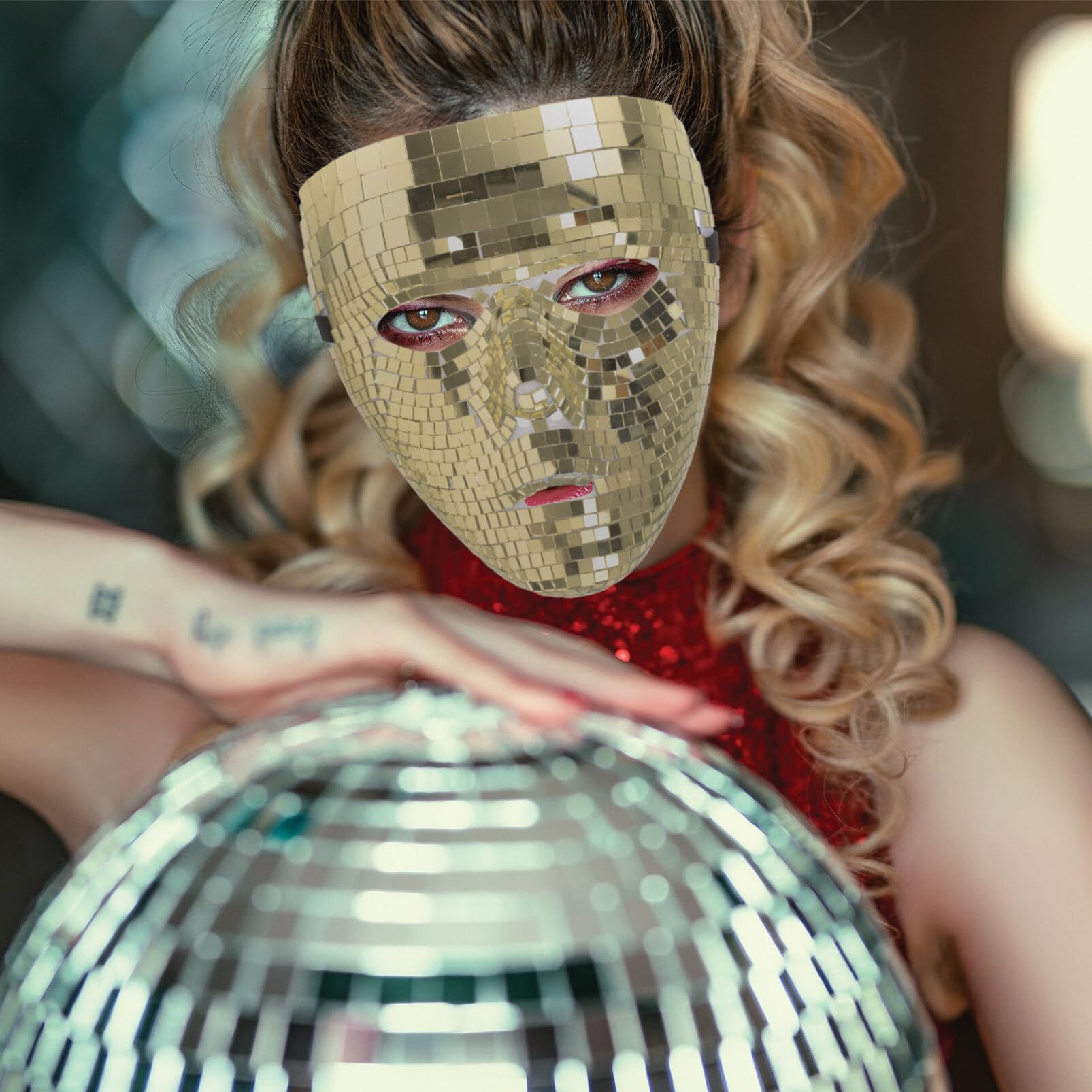 ABOOFAN Disco Ball Glitter Venetian Mask - Golden Mirror Glass Masquerade Face Mask for Costume Parties, Halloween, Mardi Gras & Themed Events - Unisex Retro Fancy Dress Accessory