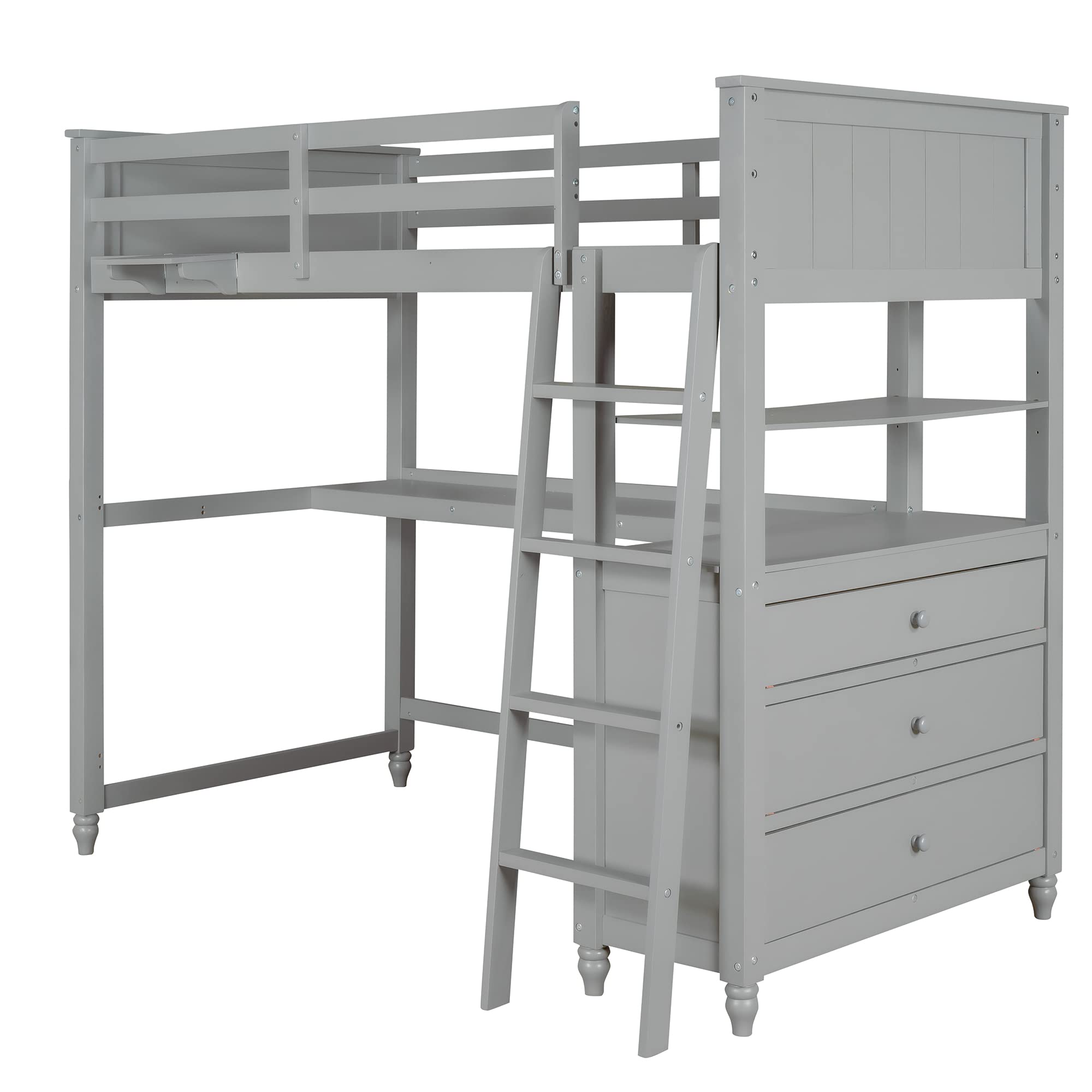 Twin Size Wood Loft Bed with Desk, Drawers & Storage Shelves - Sturdy High Loft Bed for Kids, Teens & Adults (Gray) | Space-Saving Bedroom Solution for Small Rooms, Dorm & Apartment Living