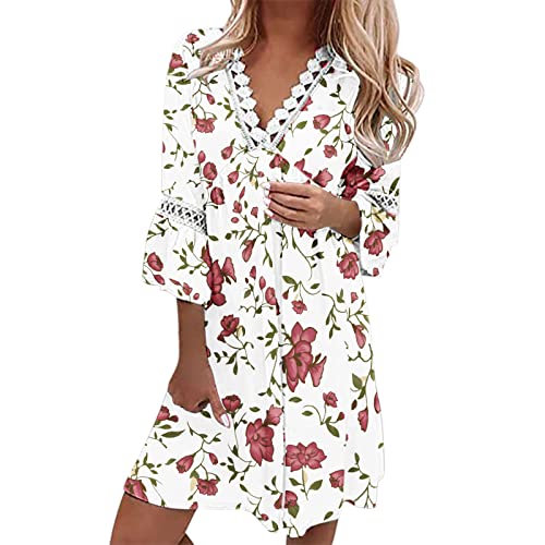 2023 Women's Summer Floral Bohemian Mini Dress - Ethnic Style Lace Trim V-Neck Swing Dress with 3/4 Sleeves | Casual Clothing for Beach, Vacation & Outdoor Parties (Red, Size L)