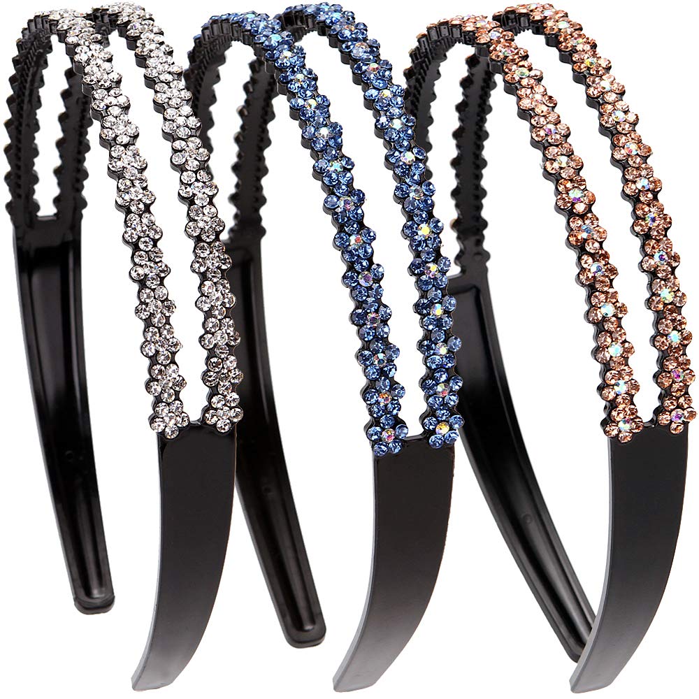 LONEEDY 3 Pack Fashion Rhinestone Crystal Headbands for Women - Double Row Non-Slip Teeth Hair Accessories (Silver, Gold, Light Blue) | Perfect for Weddings, Parties, and Everyday Glamour