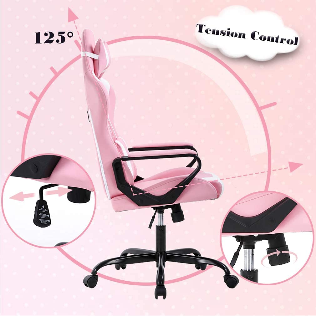 Racing Style Gaming Chair - Ergonomic High Back Office Chair with Adjustable Headrest & Lumbar Support - Pink Leather Computer Desk Chair for Gaming, Work & Home Office Use