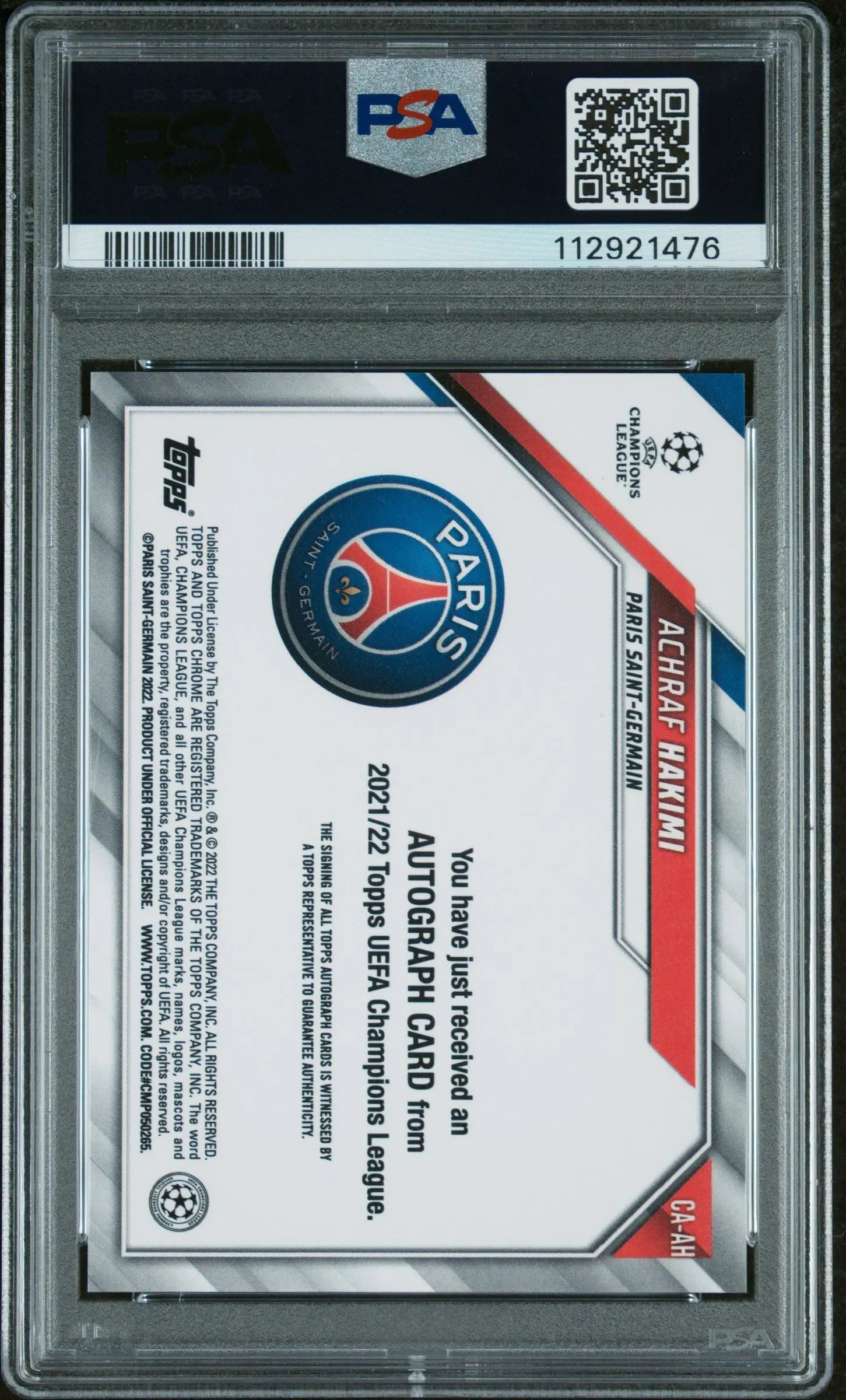 2021 Topps Chrome UEFA Champions League Autographs Auto Achraf Hakimi PSA 10 - Rare Soccer Trading Card for Collectors & Fans - Perfect for Sports Memorabilia Displays & Investment