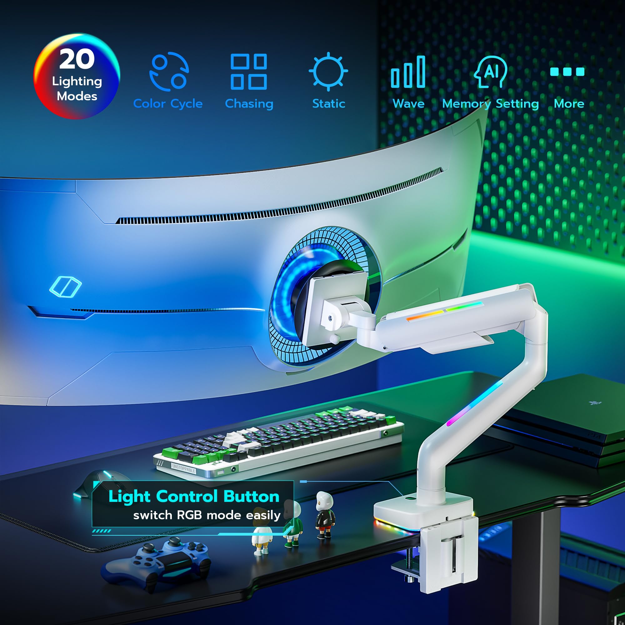 ARES WING White Monitor Arm 49 Inch - Heavy Duty Adjustable Gas Spring Mount for LG Ultrawide Screens up to 44lbs, Clamp & Grommet Desk Mount - Perfect for Home Office, Gaming & Workspace Setup
