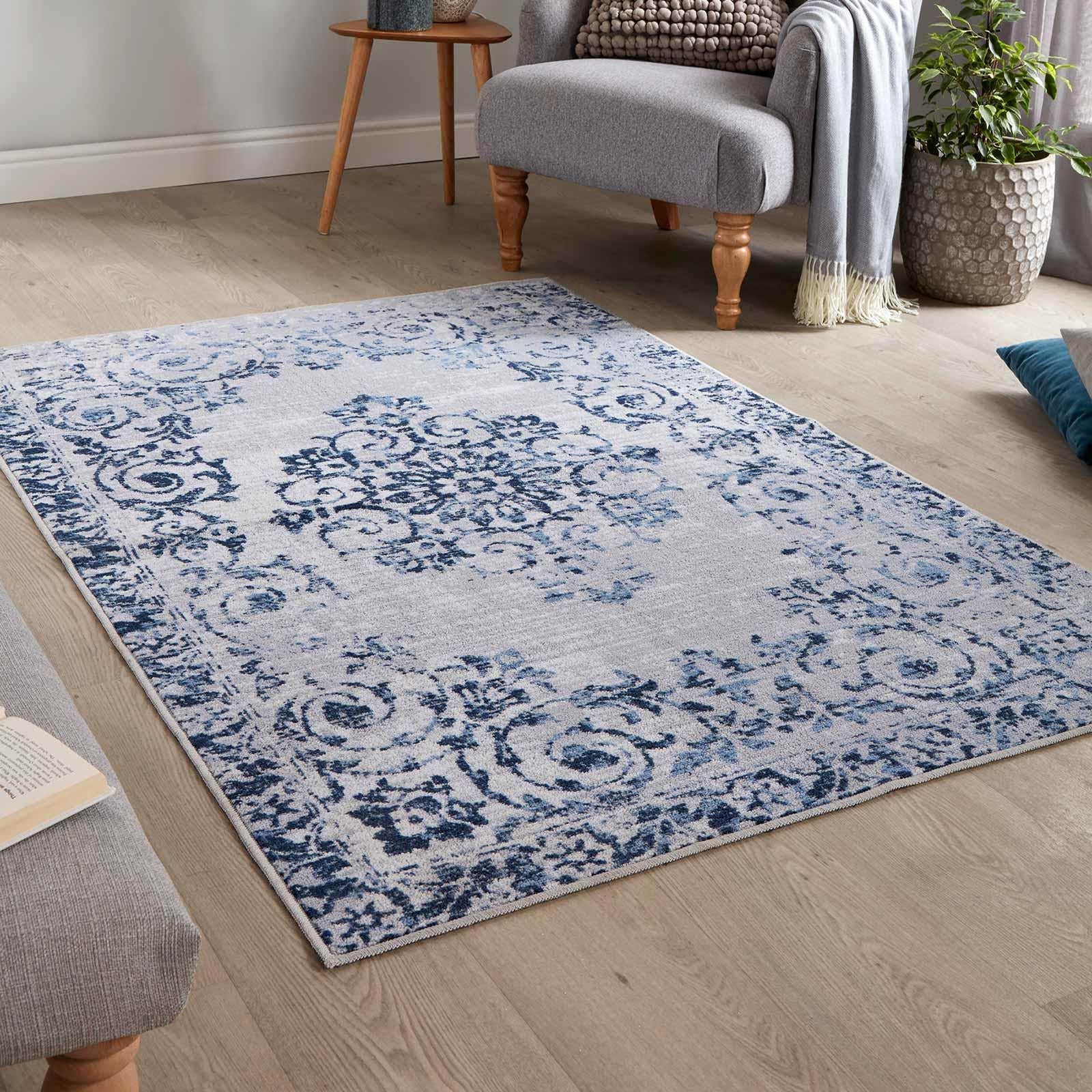 Fusion Faraday Washable Rug - Blue | Waterproof & Anti-Slip Area Rug for Living Room, Bedroom, Kitchen | Machine Washable Indoor Outdoor Carpet
