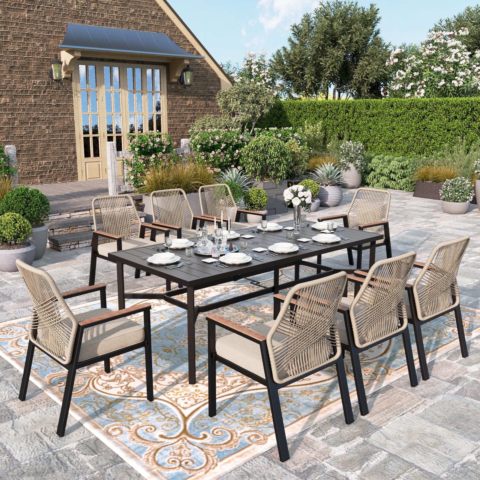 HERA'S HOUSE 9-Piece Outdoor Dining Set - 8 Cushioned Rattan Chairs & 83
