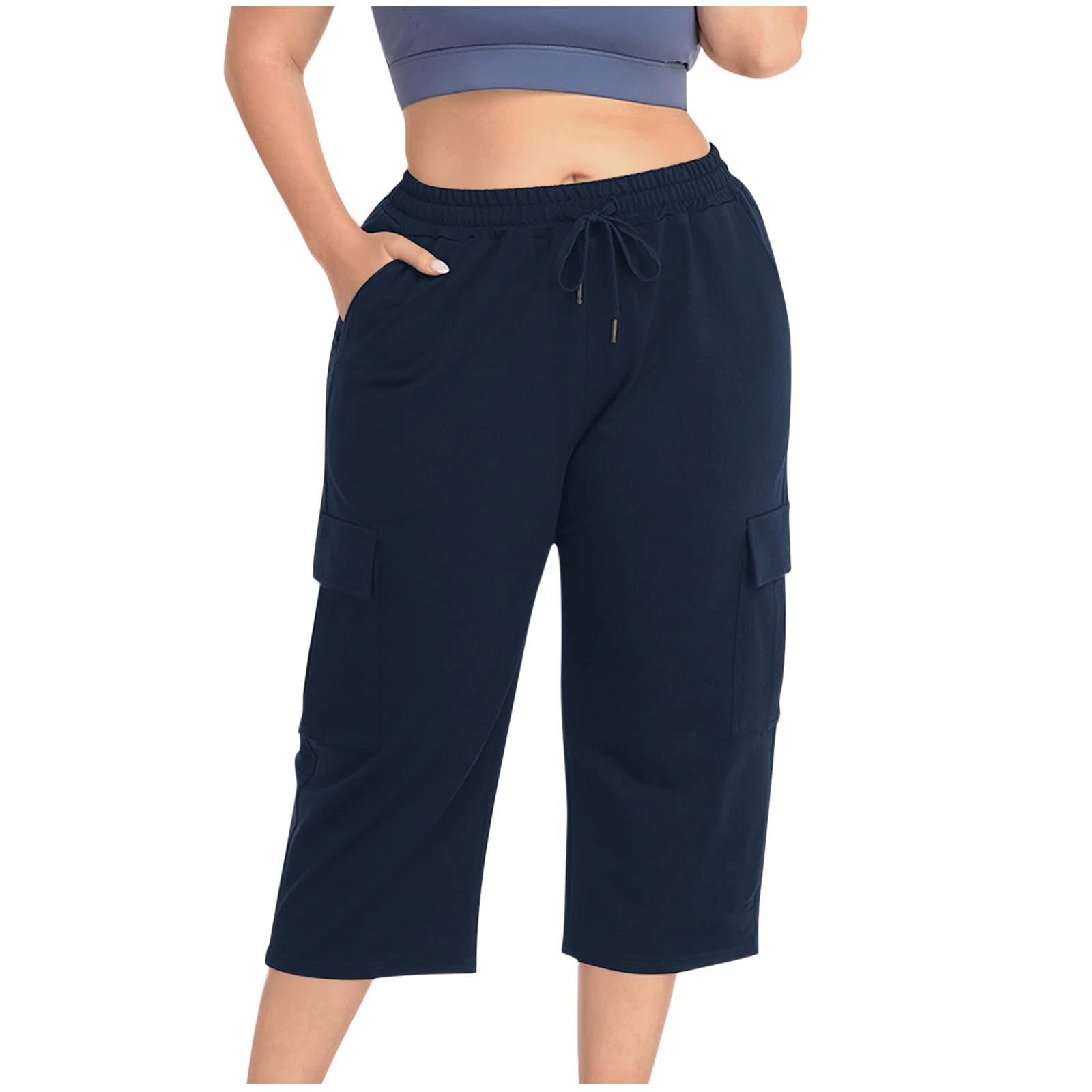 Plus Size Women's Capri Pants with Elastic Waist & Drawstring - Casual Straight Leg Cargo Pants with Pockets - Comfortable Loose Fit for Travel, Hiking & Everyday Wear