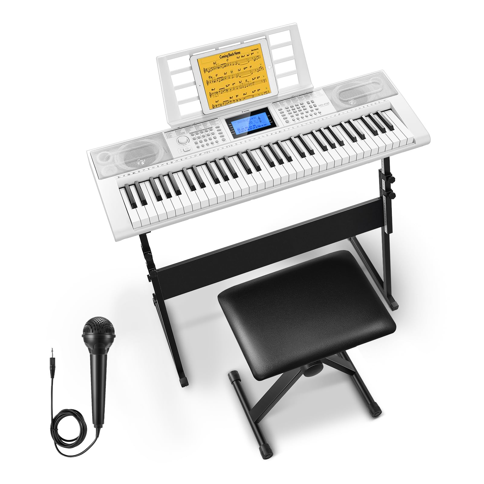 Donner 61-Key Digital Piano Keyboard with 249 Voices & Rhythms - Complete Electric Keyboard Kit Includes Stand, Stool, Microphone - Perfect for Beginners & Home Music Practice (DEK-610S, White) - Ideal for Piano Learning, Music Composition & Family Entertainment