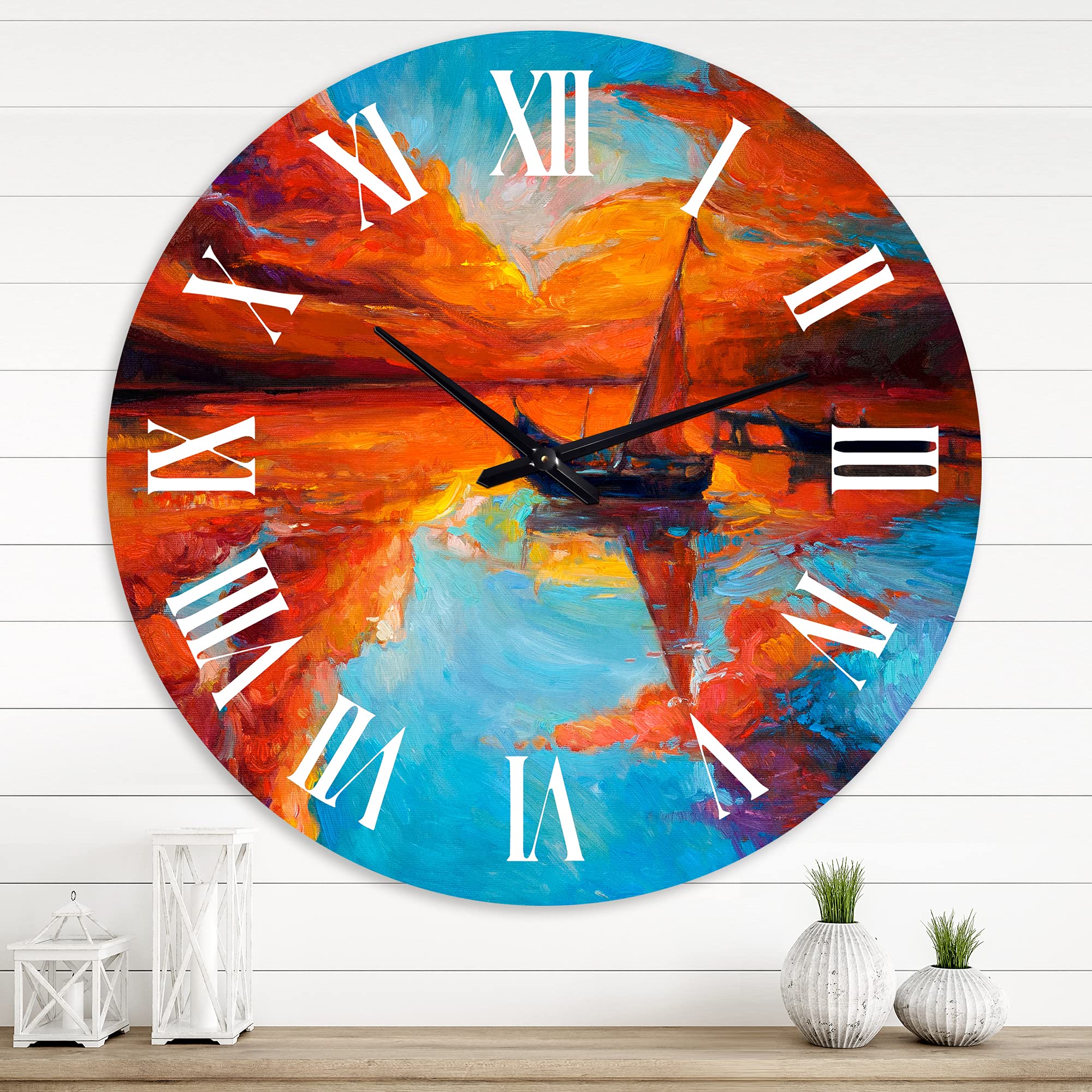 Nautical Coastal Wall Clock - Little Boat at Sunset, Round Red Wall Clock for Home & Office Decor | Perfect for Beach House, Living Room, or Coastal-Themed Spaces