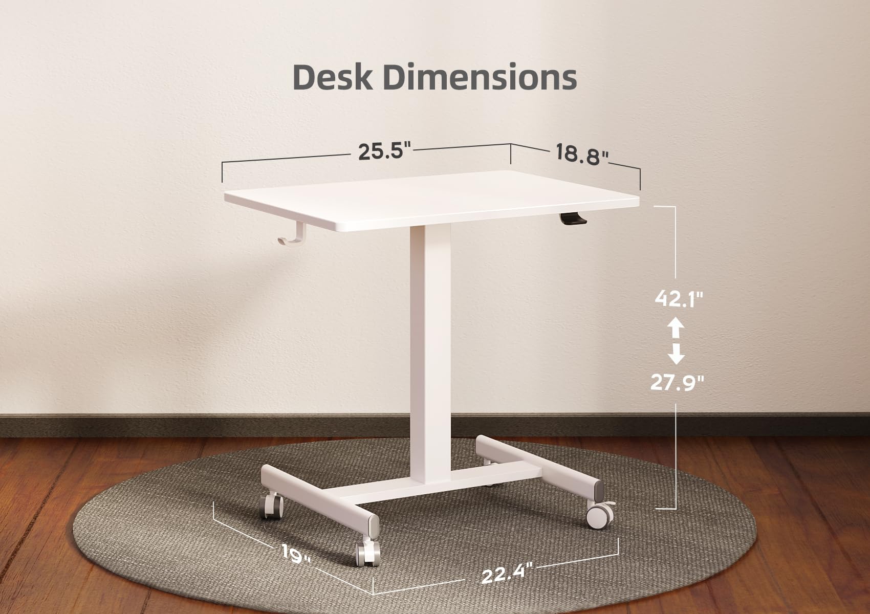 Claiks Adjustable Mobile Standing Desk - Compact Rolling Workstation with Wheels & Pneumatic Height Adjustment, White - Perfect for Home Office, Study & Small Spaces