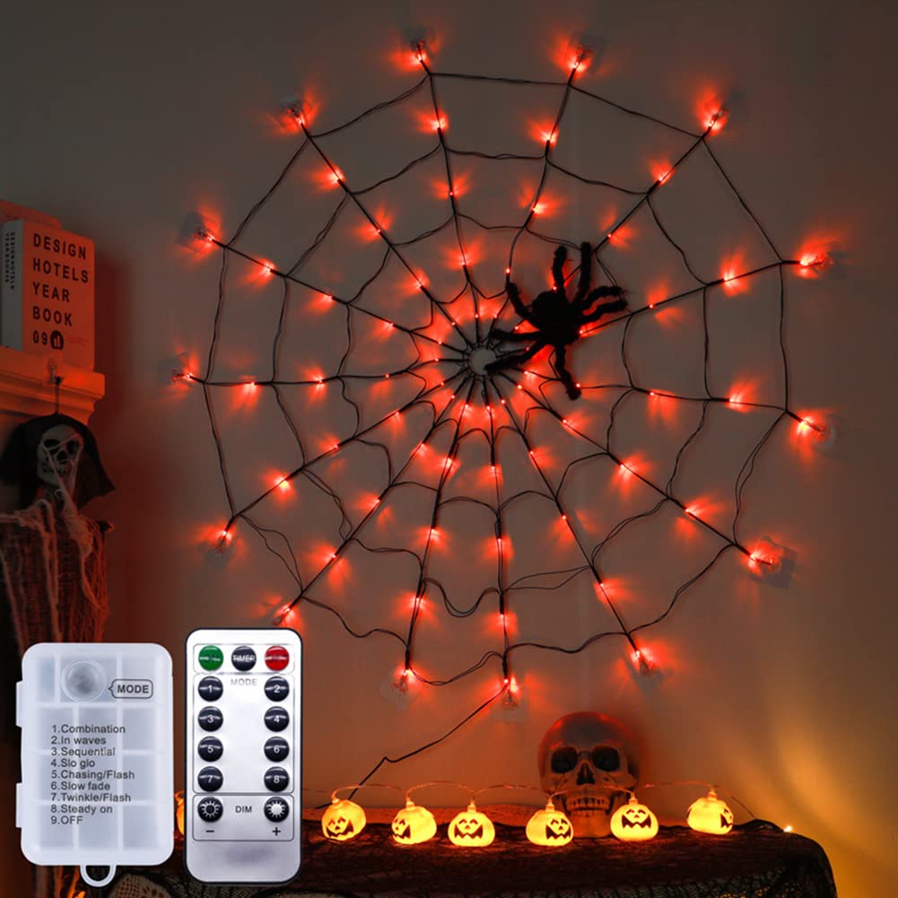 Ochine Giant Spider Web LED Halloween Lights - Waterproof Orange Net Lights with Black Spider for Indoor & Outdoor Decor - Perfect for House, Yard, Garden Halloween Party & Haunted House Scenes