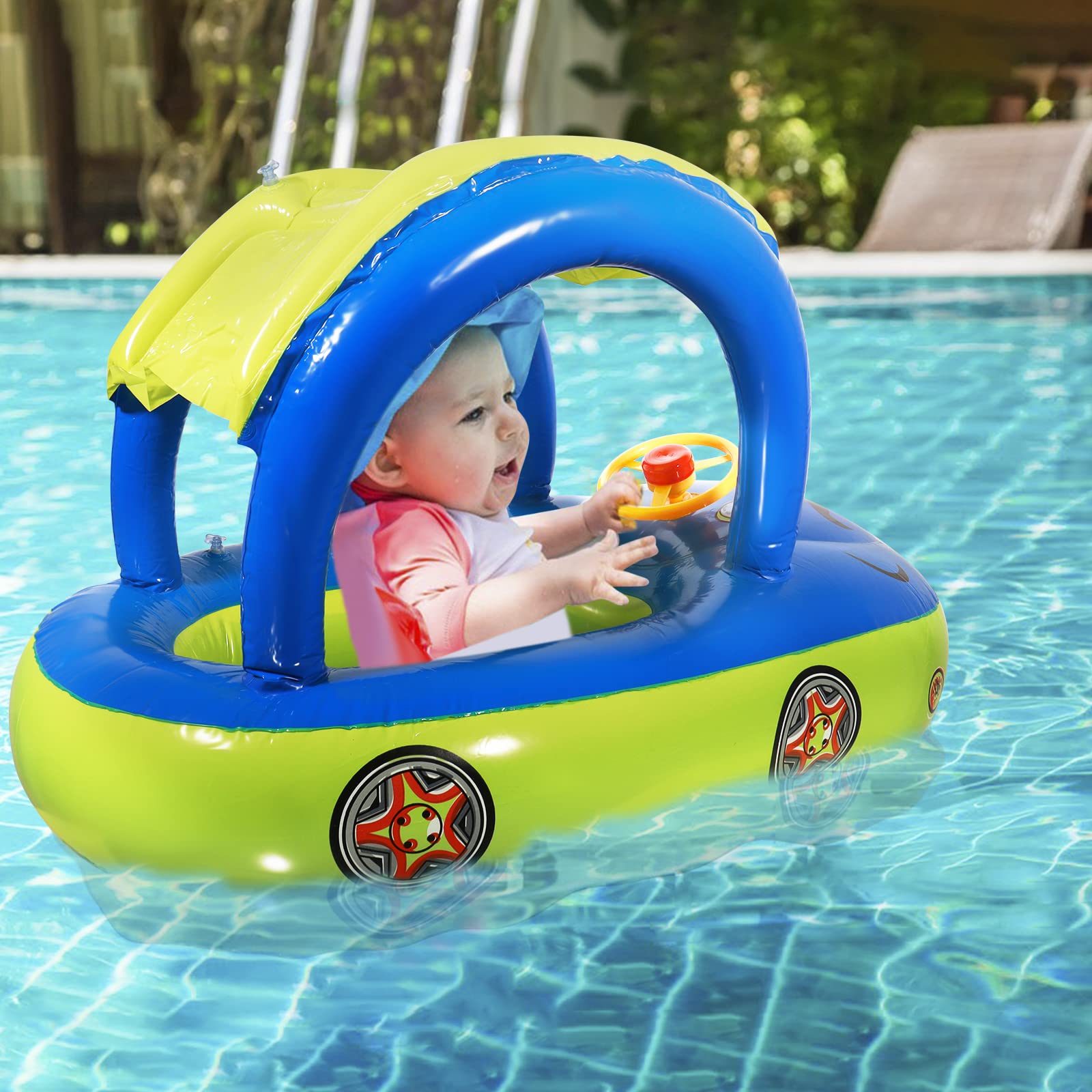 Baby Pool Float with UPF 50+ Canopy - Car Shaped Toddler Swim Float Boat, Infant Swim Ring for Summer Pool & Beach Play, Outdoor Water Fun for Kids