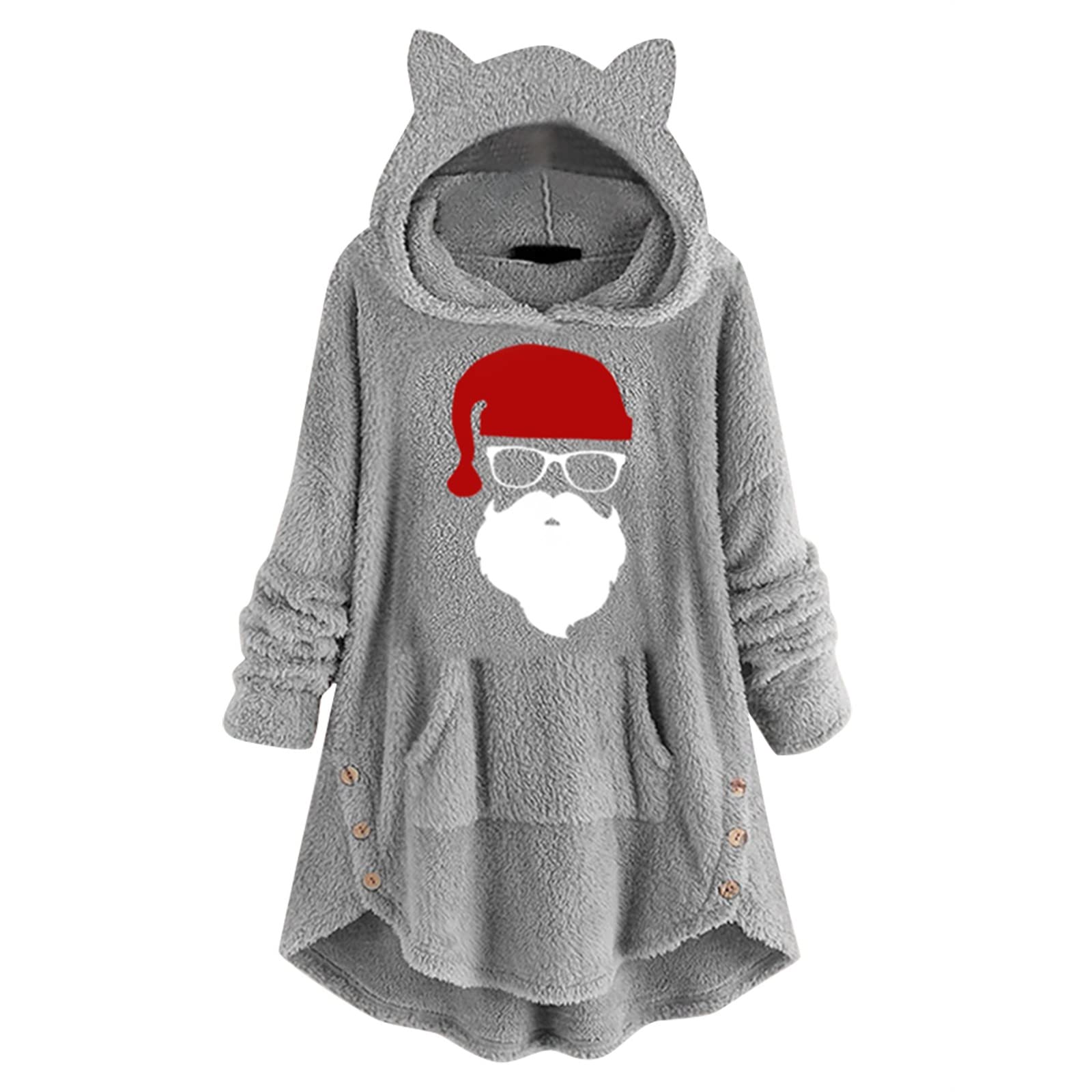 Cute Women's Fleece Pullover Hoodie with Cat Print, Long Sleeves, Pockets & Button Front - Cozy Winter Wear for Casual Outings & Cat Lovers